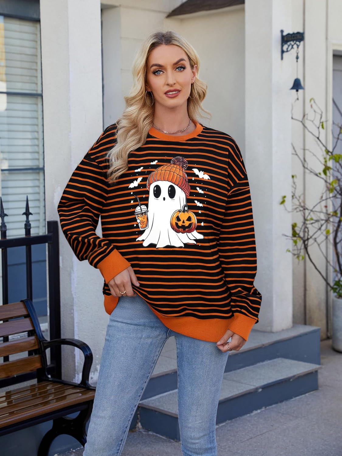 MYHALF Halloween Sweatshirts for Women Ghost Pumpkin Sweater Cute Spooky Coffee Graphic Pullover Shirts - Image 2