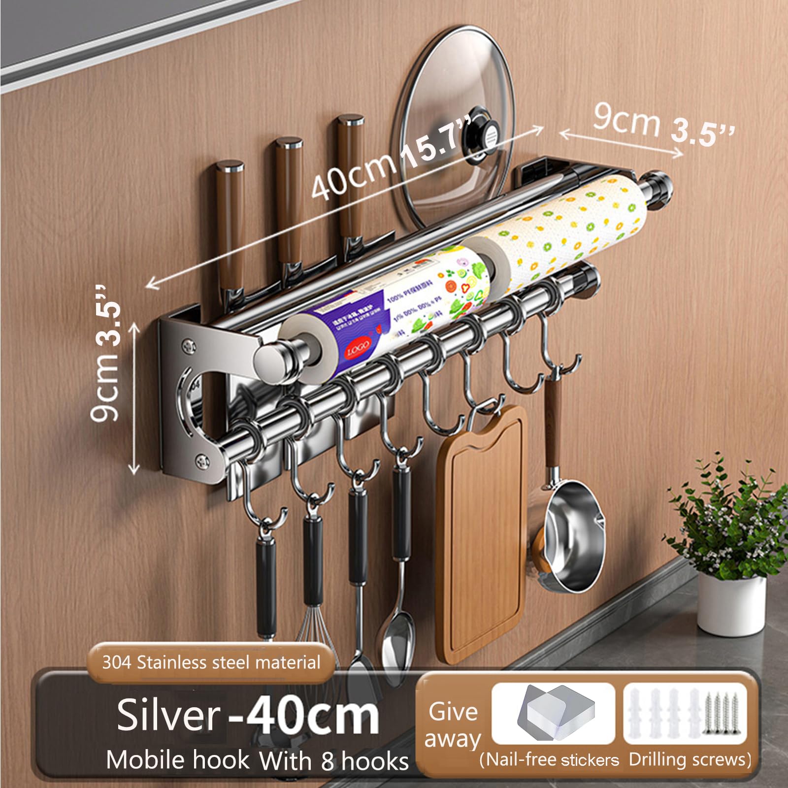 Portacoltello montato a parete, portautensili da cucina salvaspazio con ganci, portautensili da cucina pala, facile da pulire (Silver, 40CM+8Hooks)