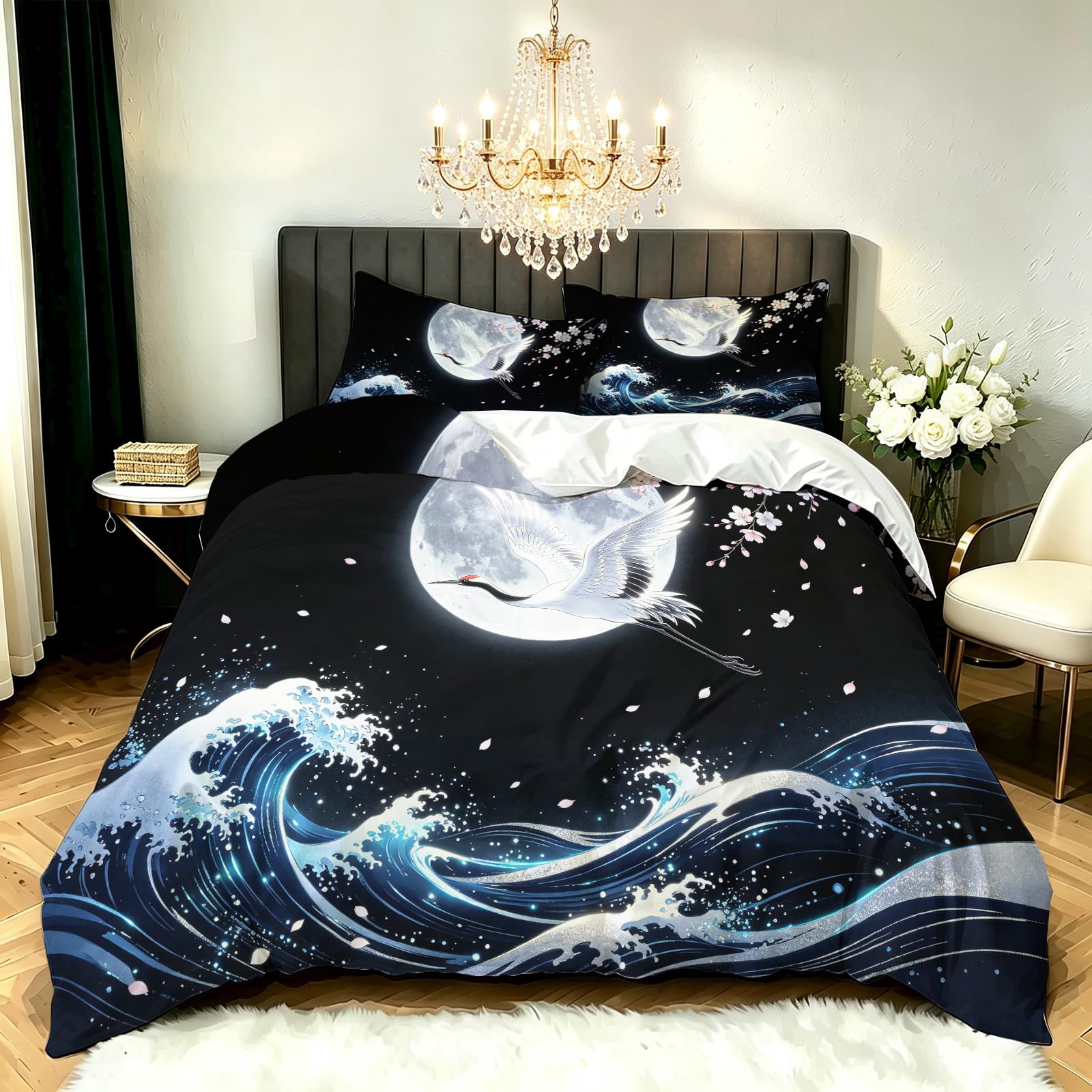 Kraniche Wellen Bettwäsche 240x260 Ukiyo-E Bettbezug 3D Weiche Mikrofaser 3 Teilig Bettwäsche-Sets mit Reißverschluss und 2 Kissenbezüge 80x80 cm für Erwachsene N.103