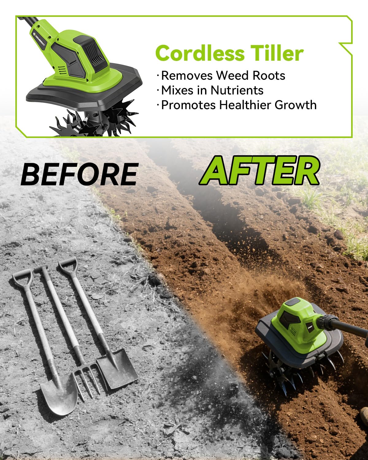 Timón inalámbrico con 2 baterías de 2.0 Ah, rotavator de jardín con 4 juegos de cuchillas de acero, 23 cm de ancho y 17 cm de profundidad, cultivadores para deshierbar, cultivo de suelo y