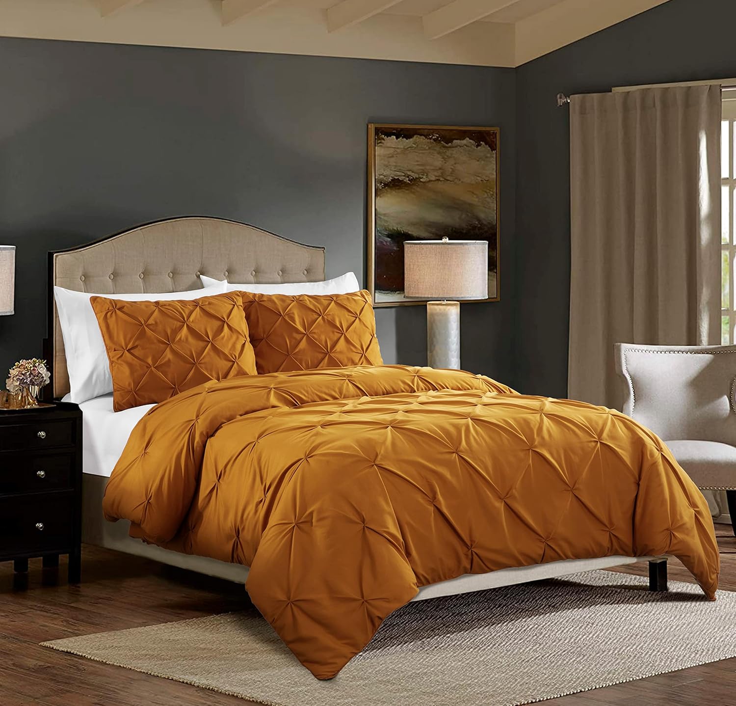 Chezmoi Collection Berlin Spice Orange Pinch Pleat Queen Comforter Set, 3-Piece (Comforter and Pillow Shams) - Soft Pintuck, Lightweight All Season Microfiber Bedding