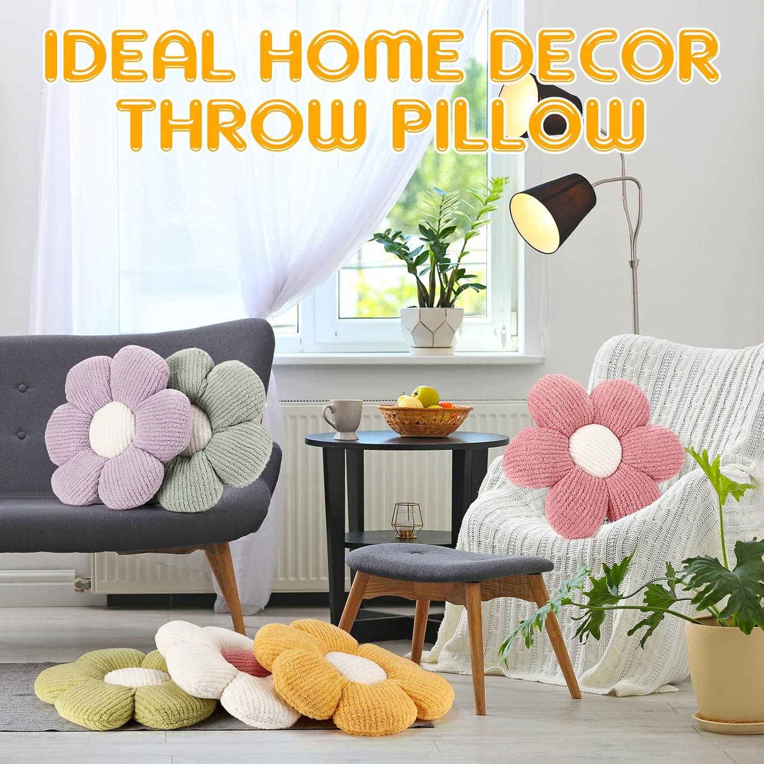 Coume 6 Pcs Flower Floor Pillows - 16 Inch Daisy Throw Pillows Cute Flower Decorative Floor Seat Cushions for Bedroom Home Sofa Chair Couch Decor(White, Pink, Purple, Yellow Green, Dark Green)