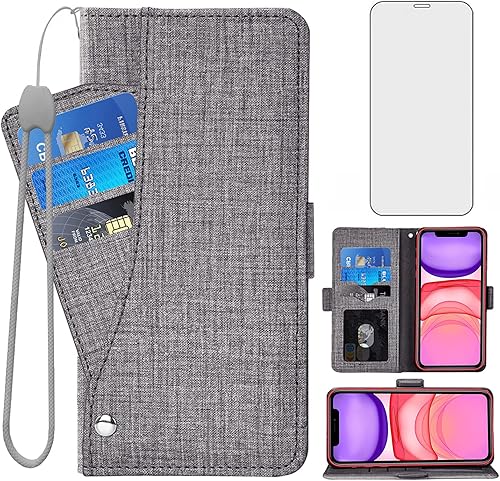Asuwish Compatible con iPhone 11 6.1 Funda tipo cartera de vidrio templado, protector de pantalla y portatarjetas, accesorios celulares, fundas para