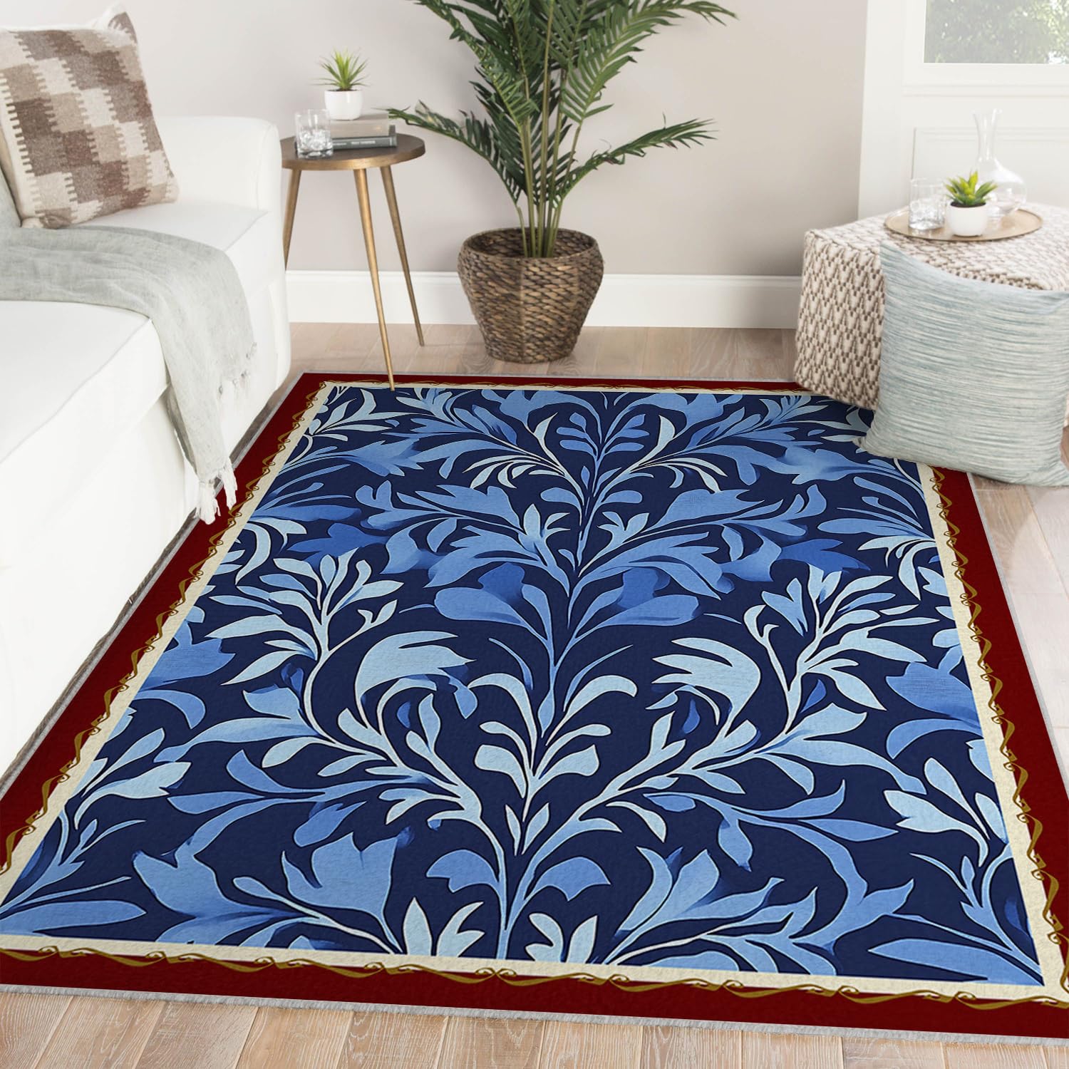 Styl Vintage 120 x 150 cm - Dywaniki do salonu 120 x 150 cm - Botaniczne klasyczne dywaniki z nadrukiem liści niebieski miękki puszysty prostokątny dywanik do łóżka