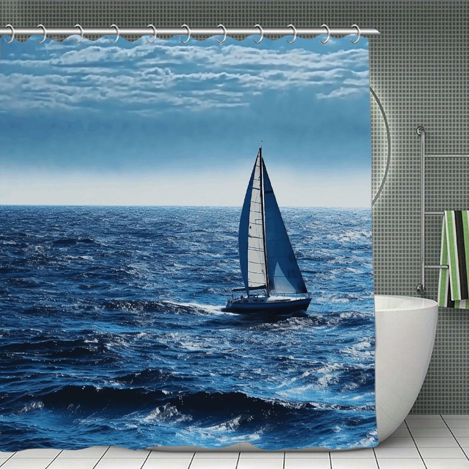 VstaDank Blue Sea Sailboat Shower Curtain Waterproof Bathroom Shower Curtain with C Type Hooks Soft Lightweight Shower Curtains Liner Washable Polyester Cloth Shower Liner 71x71 Inch