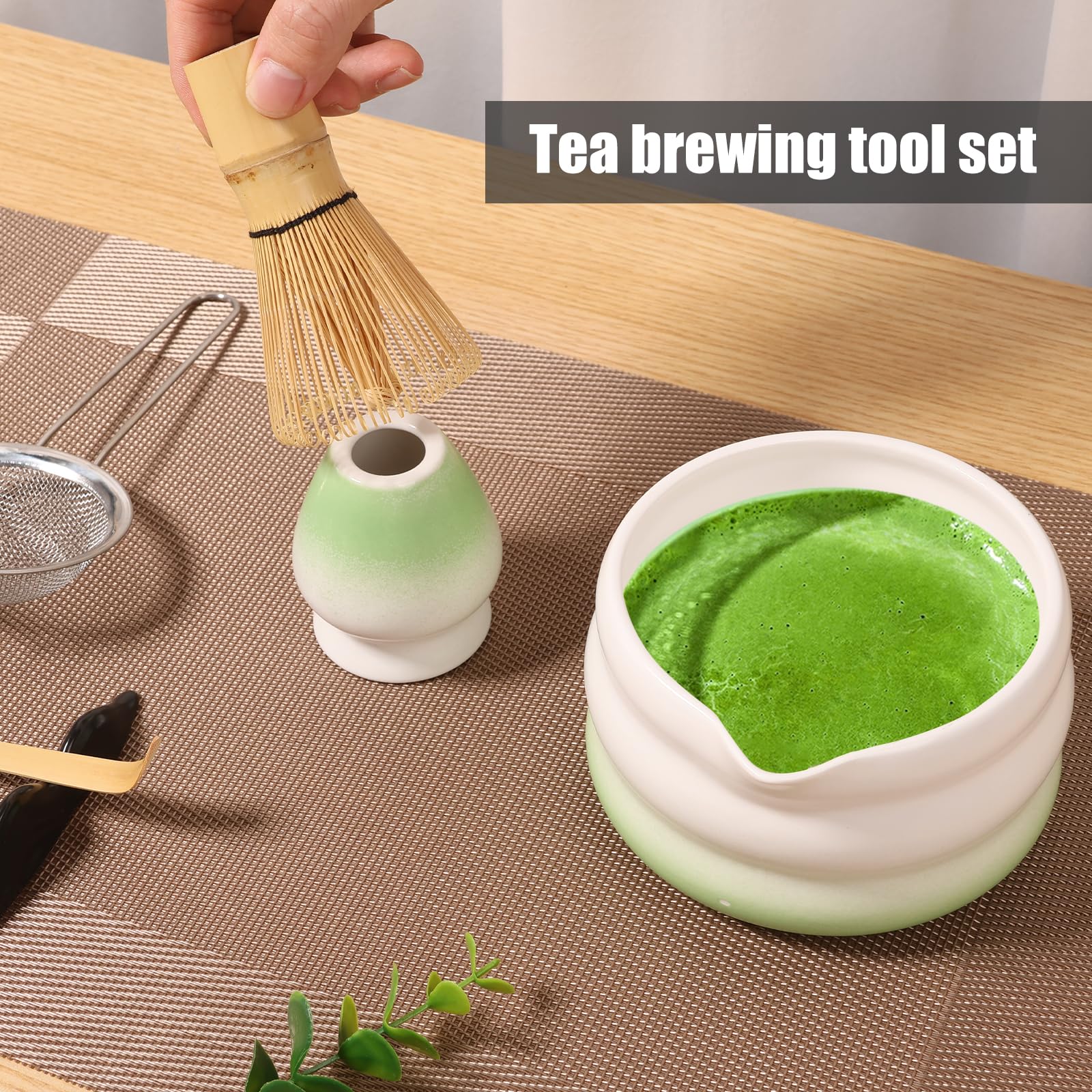Juego de batidores de matcha – Juego de 7 piezas para hacer té japonés con cuenco matcha, batidor de bambú y soporte de cerámica, tamiz de batidor de acero inoxidable, paño de cocina