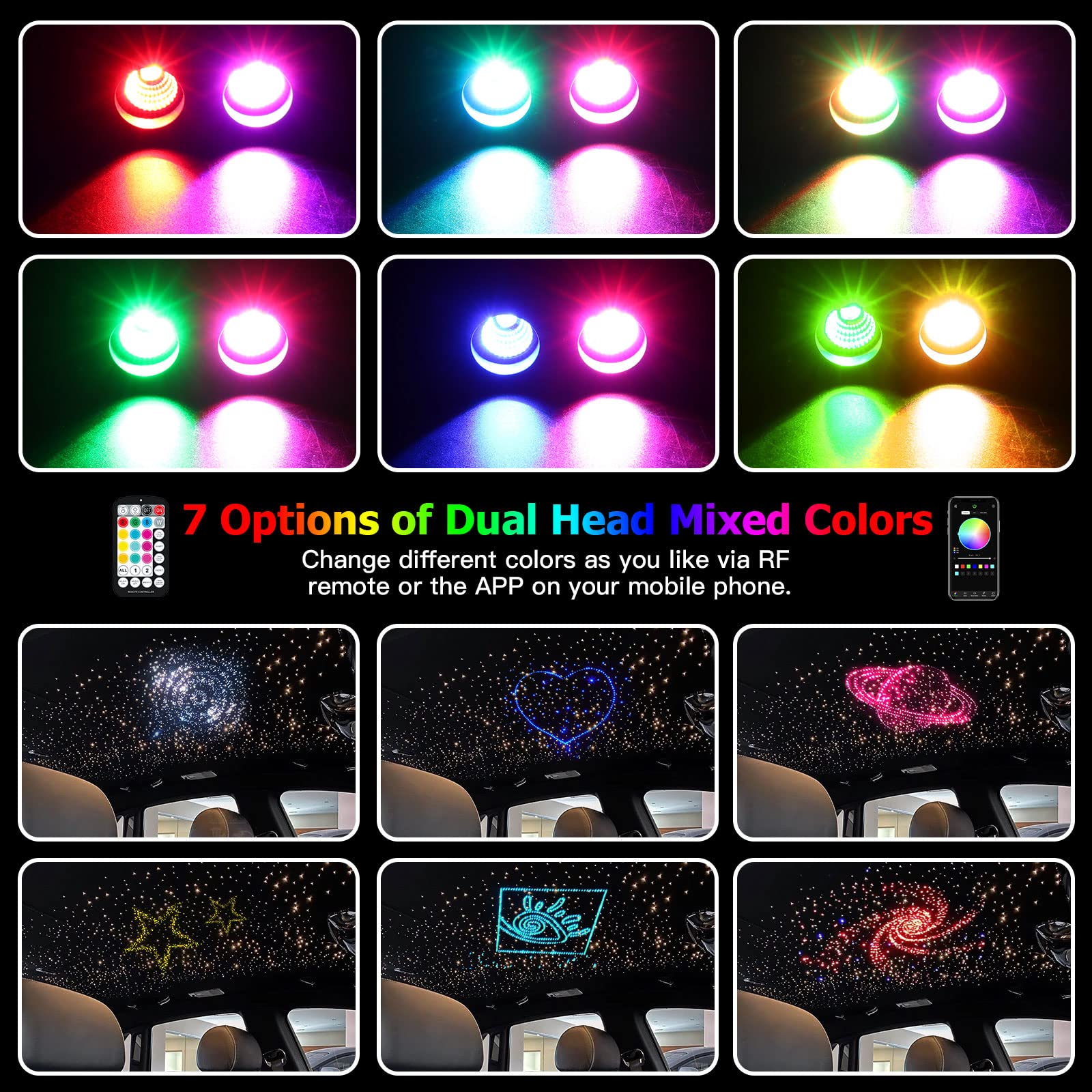 AMKI Dual Color Dual Ports Fiber Optic Light, Starlight Kit for Car Roof Home Ceiling, RGBW LED Engine with APP + RF Remote Control + Optical Fiber Cables (1200pcs*0.03in*16.4ft)