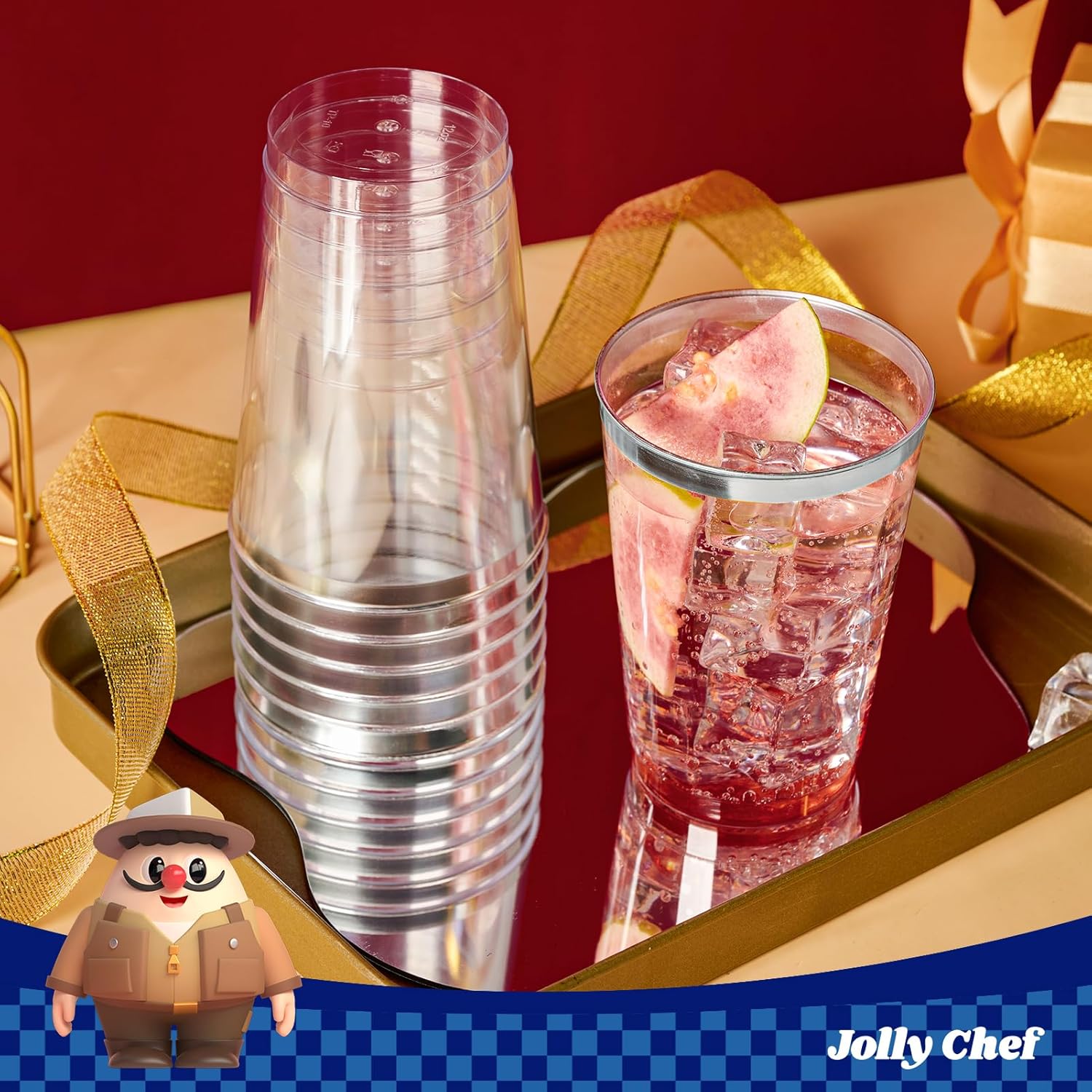 JOLLY CHEF 100 Pack Silver Plastic Cups, 12 oz Clear Plastic Cups Tumblers, Elegant Silver Rimmed Disposable Drink Glasses for Party Wedding, Thanksgiving Day, Christmas - Image 8