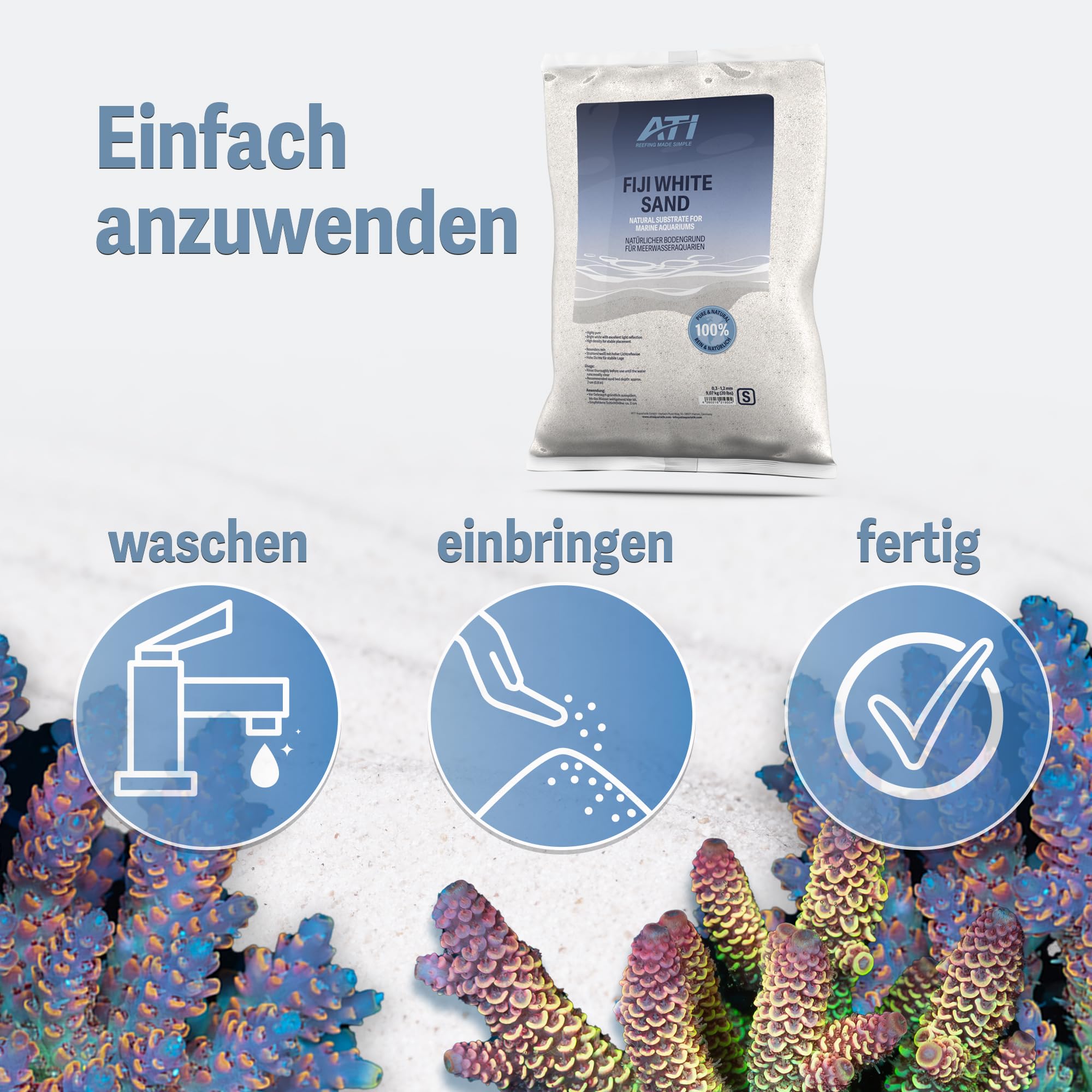 ATI Fiji White Sand M – strahlend weißer natürlicher Bodengrund für Meerwasseraquarien, hohe Reinheit, sehr Gute Lichtreflexion, 1,0–2,0 mm, 9,07 kg