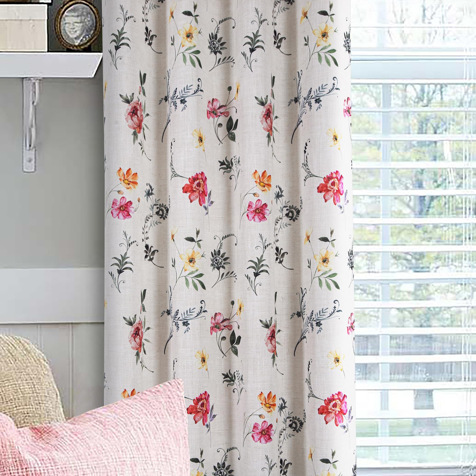 always4u Rideaux à Fleurs Classiques Vintage en Faux Lin, Rideau Semi-Transparent avec des Éléments Naturels, Filtrage de la Lumière, pour Salon et Chambre,Pivoine,140x245cm Lot de 2