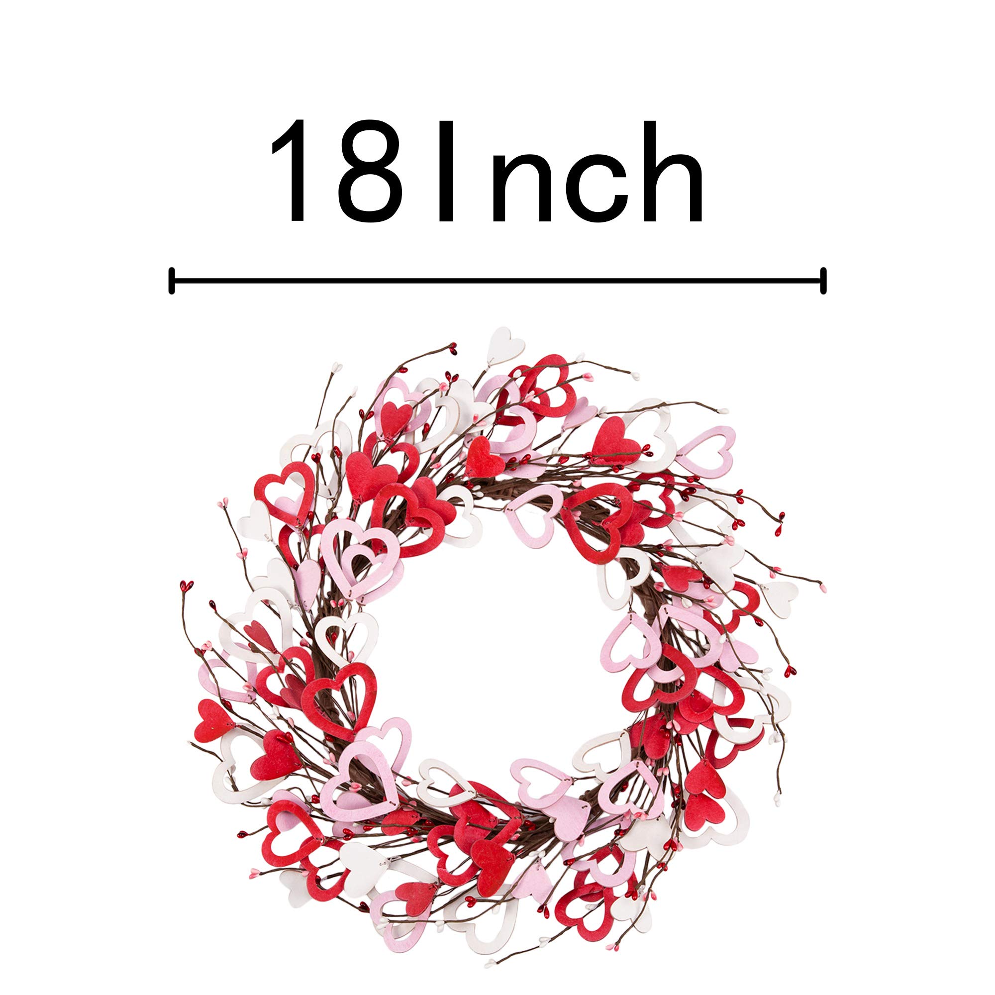 18 Inch Valentine's Day Wreath Wood Heart Shaped Wreath for Wedding Party Anniversary Artificial Door Wreath Gift for Girl Friend Women Mother