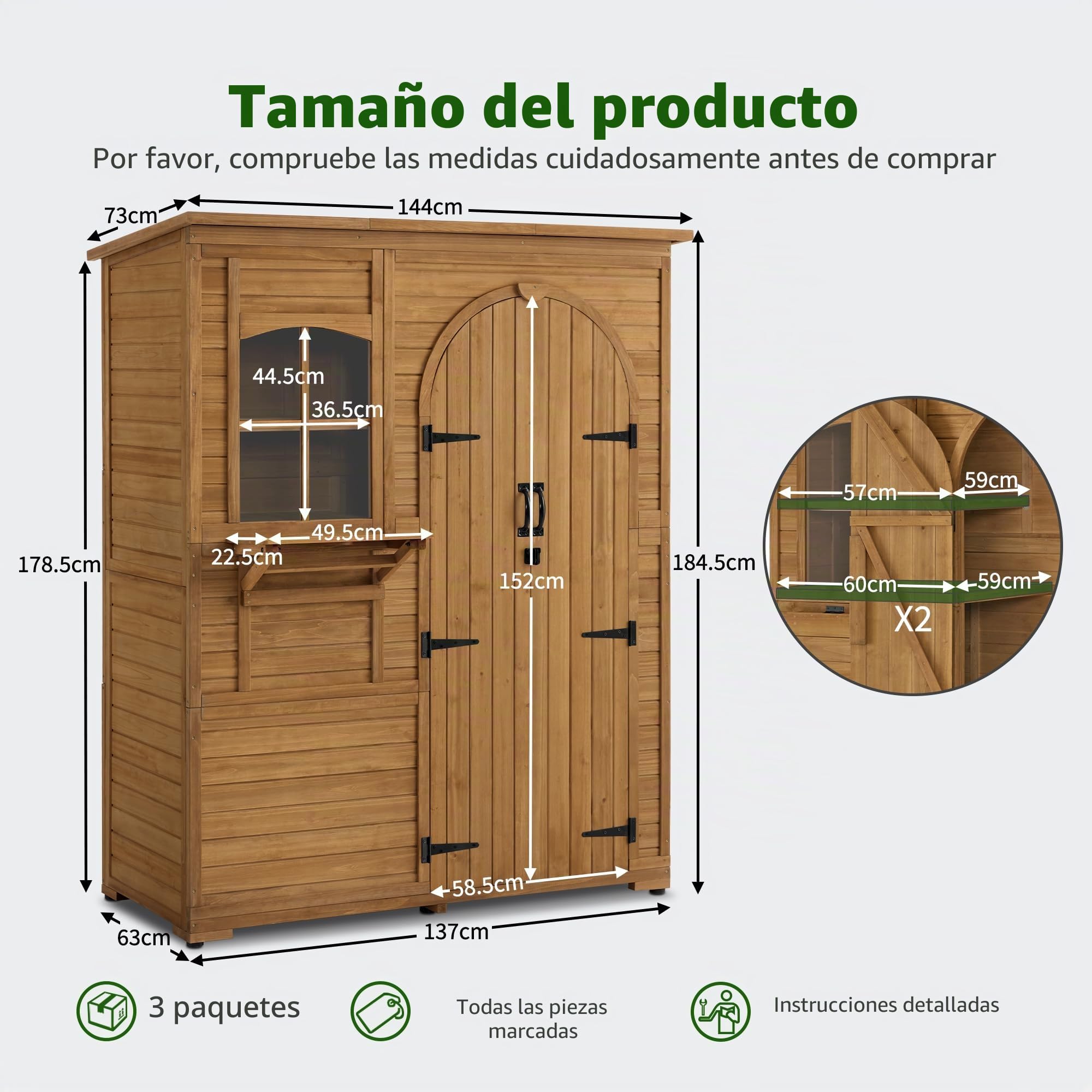 M MCombo Armario de jardín de madera, resistente a la intemperie, para jardín, exterior, impermeable, transitable, para exteriores, balcón, terraza, armario de almacenamiento con 3 estantes, 73 x 144