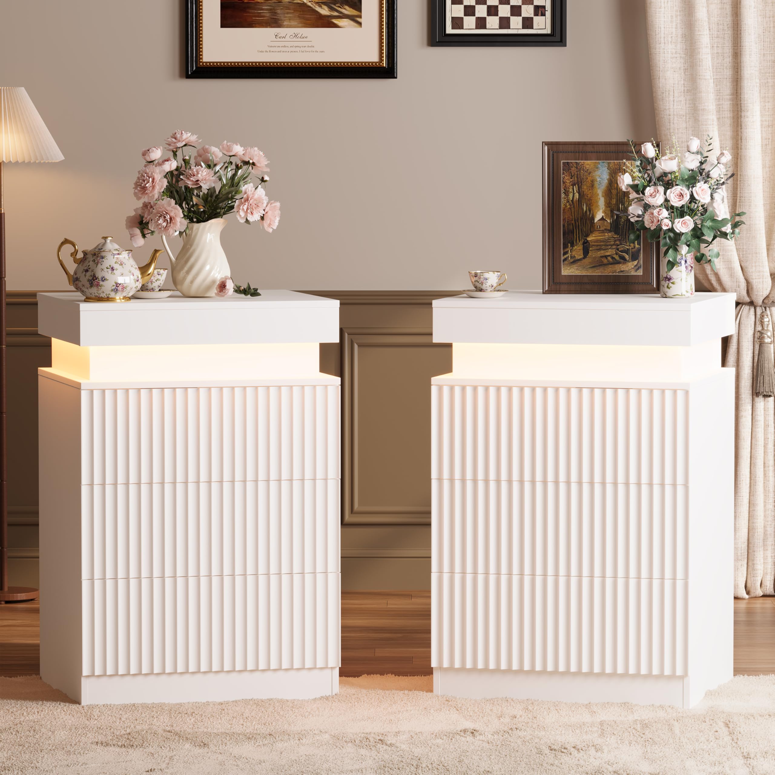 Nightstand Set of 2 for Bedroom, LED Nightstand with 3 Drawers and Charging Station, Mid Century Modern Fluted Nightstands, Bedside Tables &amp; End Tables, White