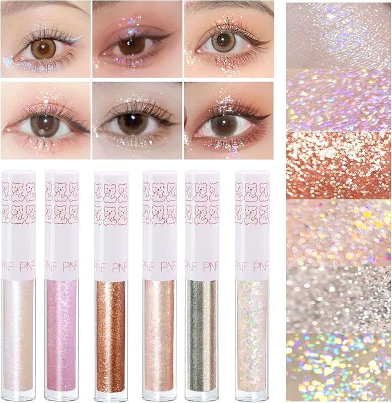 6Pcs Liquid Glitter Eyeshadow Eyeliner, Korean Makeup, Bling Under Eye Shadow, Shimmer Eye Make Up Valentine's Gift Set,Long Lasting,Quick Drying & Pigmented Loose Glitter Glue for Crystals Makeup