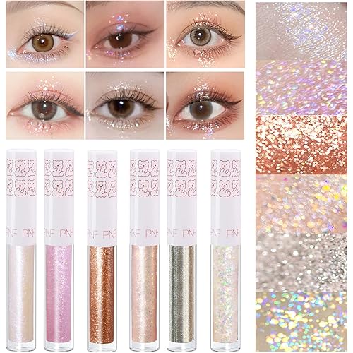 6Pcs Liquid Glitter Eyeshadow Eyeliner, Korean Makeup, Bling Under Eye Shadow, Shimmer Eye Make Up Valentine's Gift Set,Long Lasting,Quick Drying & Pigmented Loose Glitter Glue for Crystals Makeup