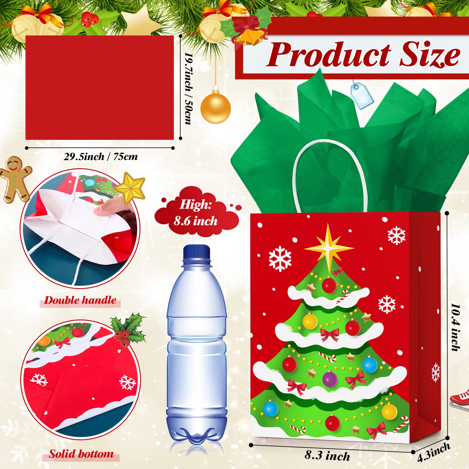 Censen 24 bolsas medianas de regalo de Navidad con papel de seda, bolsas de regalo de papel kraft con asa a granel para envolver regalos de Navidad, suministros de fiesta de vacaciones, 10 x 8 x 4