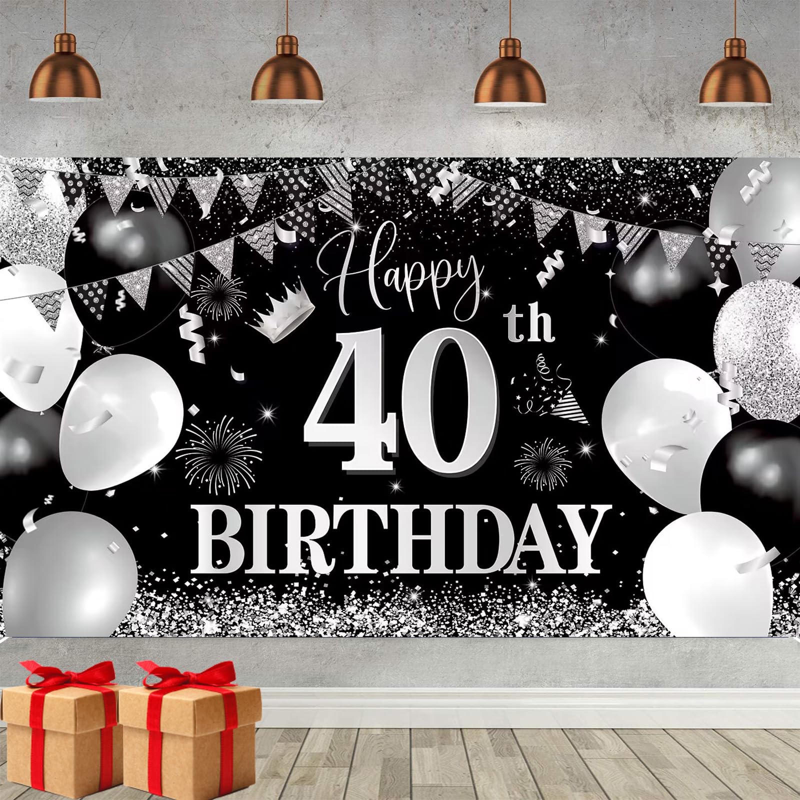 40th Birthday Backdrop Banner, 40th Birthday Banner, Black Silver Happy 40th Birthday Decorations, 40 Birthday Photo Backdrop Background, 40 Birthday Party Banner Decoration for Men Women 180 x 110cm