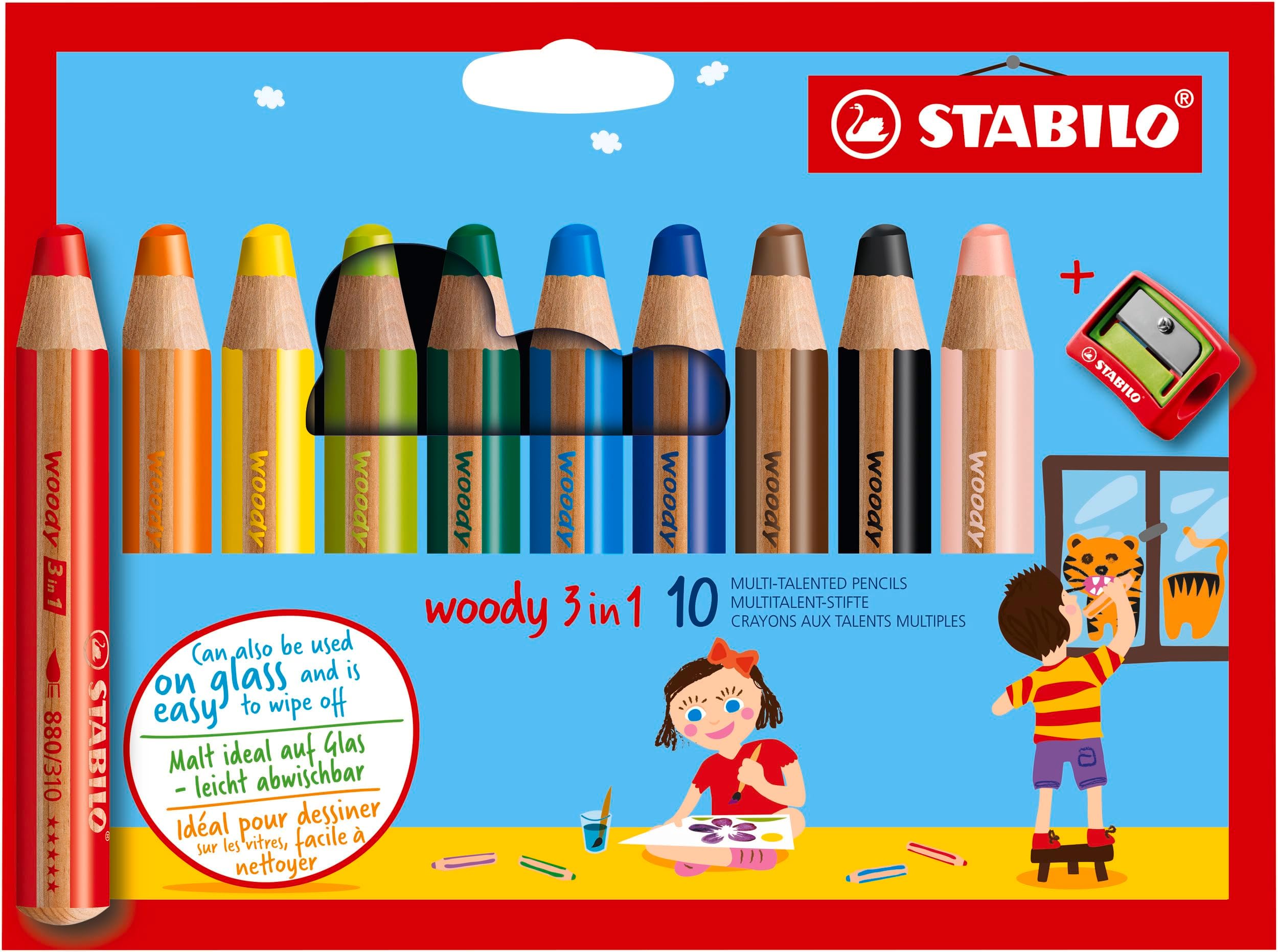 STABILO woody 3-in-1 - Multi-Talented Pencil - Pack of 10 - Assorted Colours with Sharpener