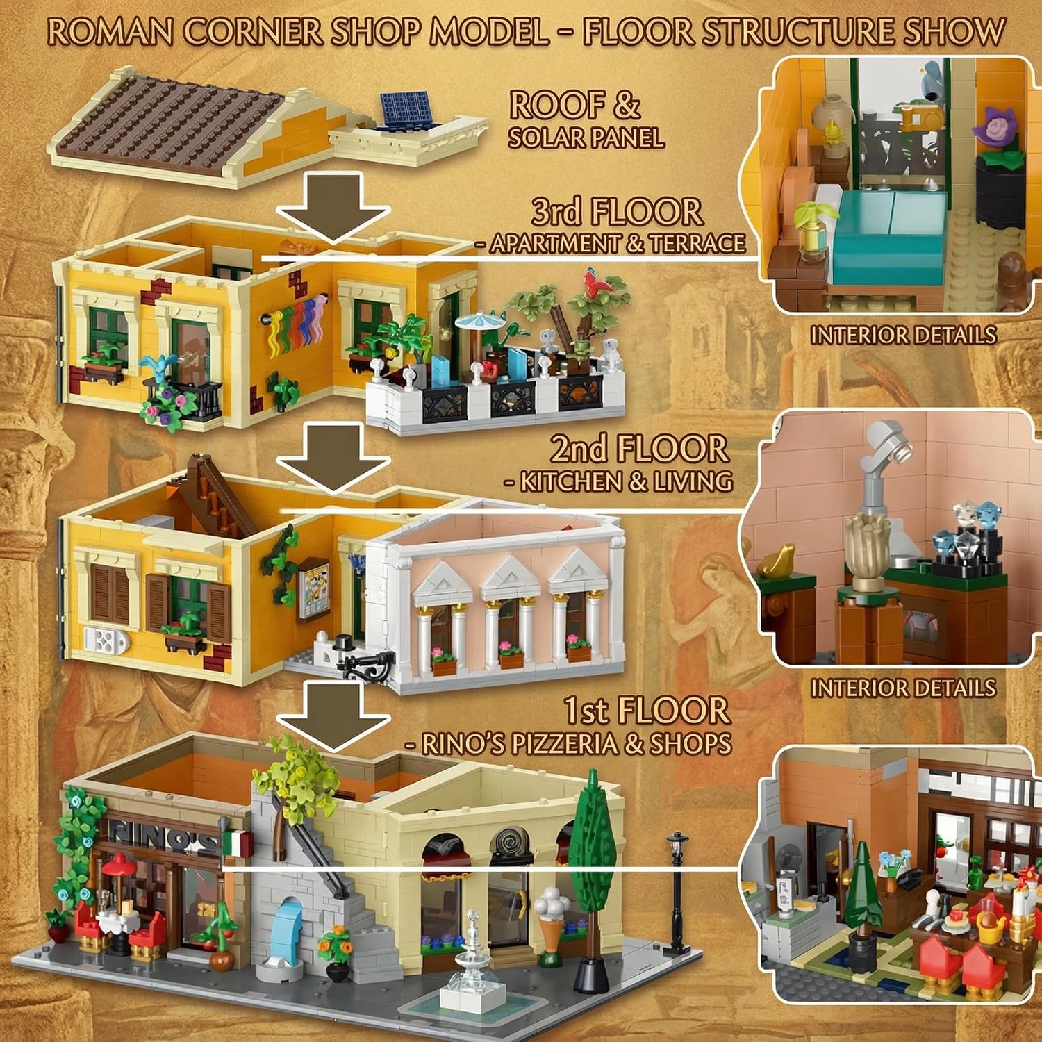 Roman Corner Shop Modular Building Blocks, 4507 Pieces City Street View Construction Kit with LED Light, Collectible Display Model for Adults, Creative Gift for Architecture Enthusiasts