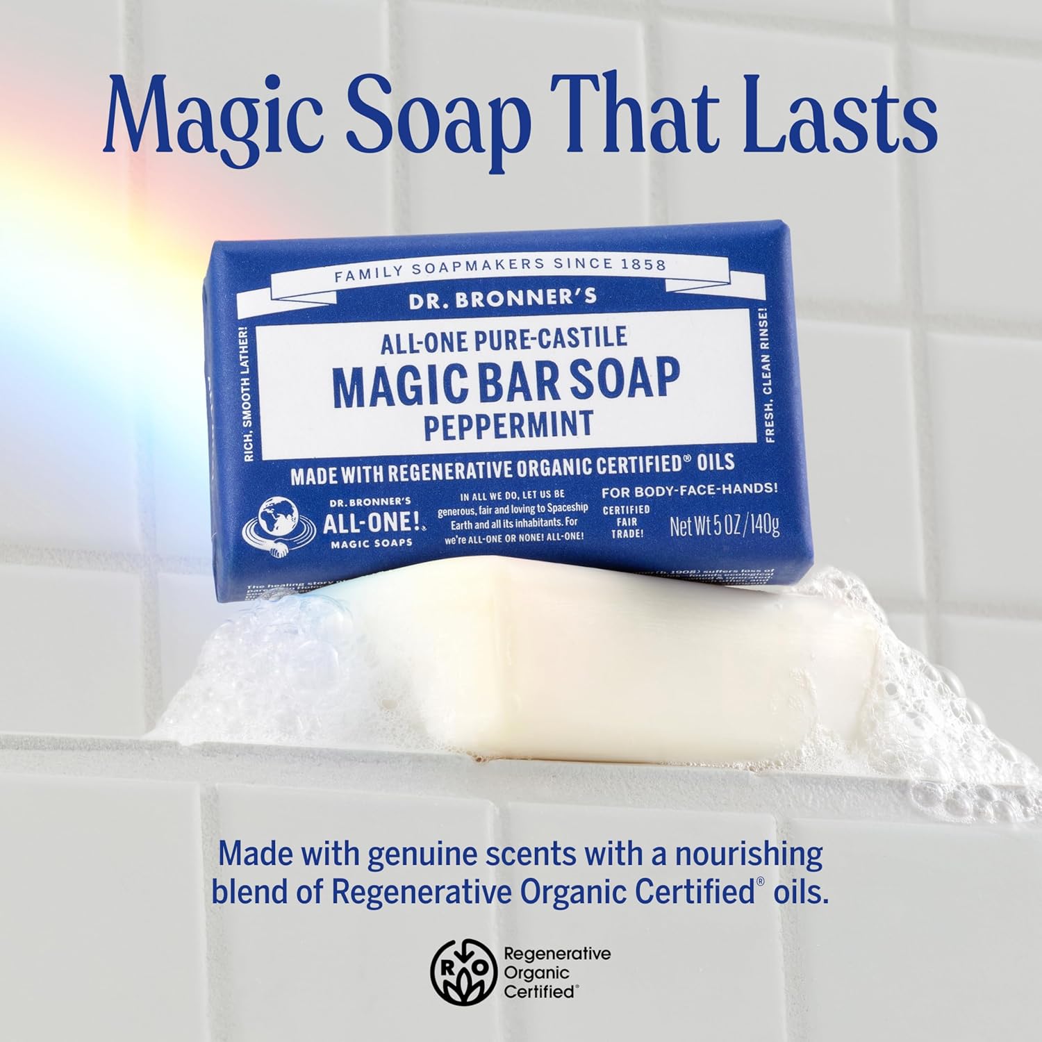 Dr. Bronner's Pure-Castile Magic Bar Soap (Peppermint, 5oz, 12-Pack) – Made with Regenerative Organic Certified Oils, Soap Bars for Men & Women, Vegan, Cruelty-Free, Non-GMO - Image 2