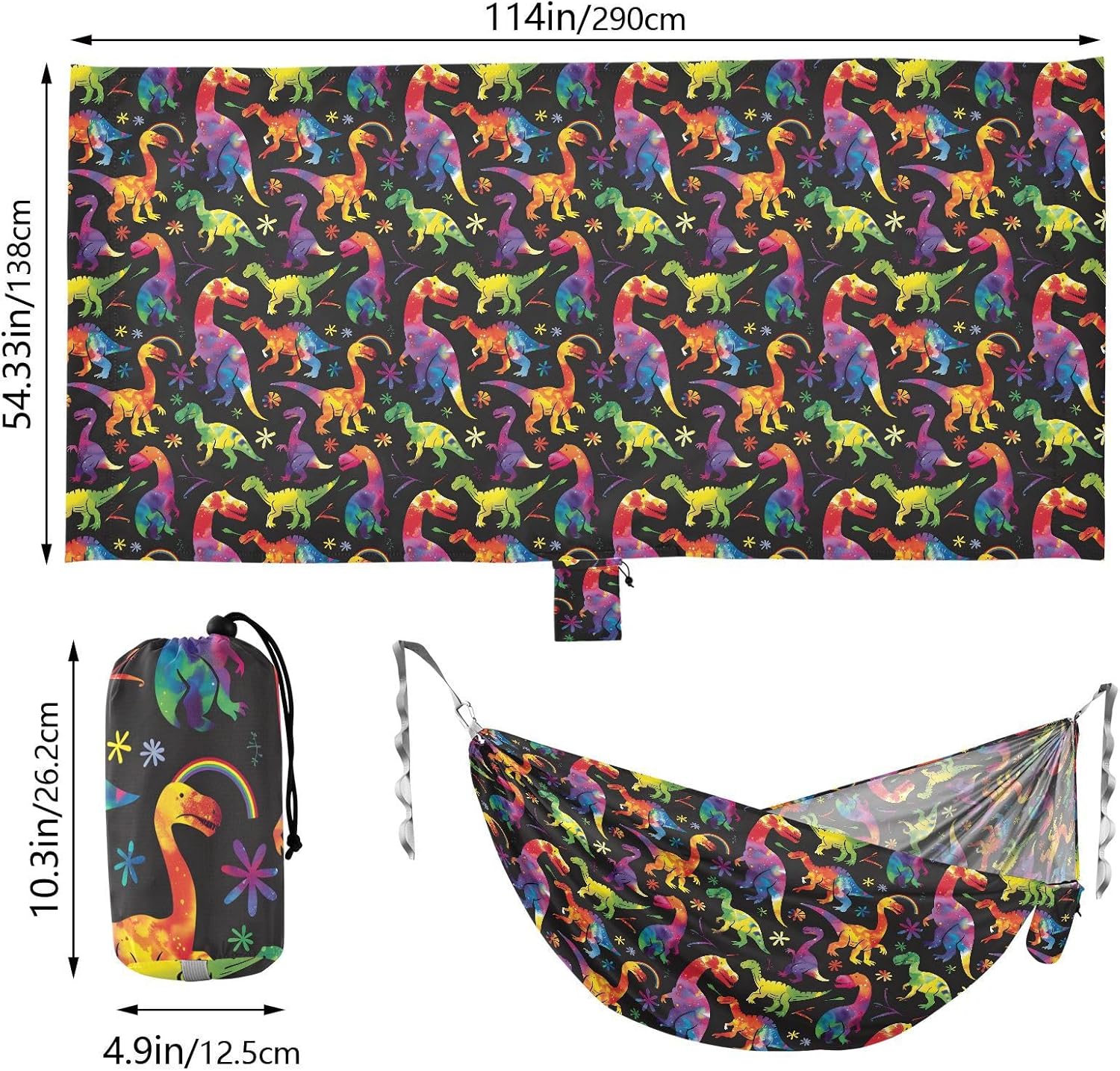 ALAZA Rainbow Dinosaurs Dino Camping Hammocks Single or 2 Person 500 lbs Portable Parachute Travel Hammock w/Tree Straps for Hiking Backpacking Indoor Outdoor