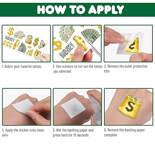 Miniatura 9 de 96 piezas de tatuajes temporales divertidos tatuajes para dinero, tarro de dinero, calcomanías con símbolos temáticos para decoración de fiesta de