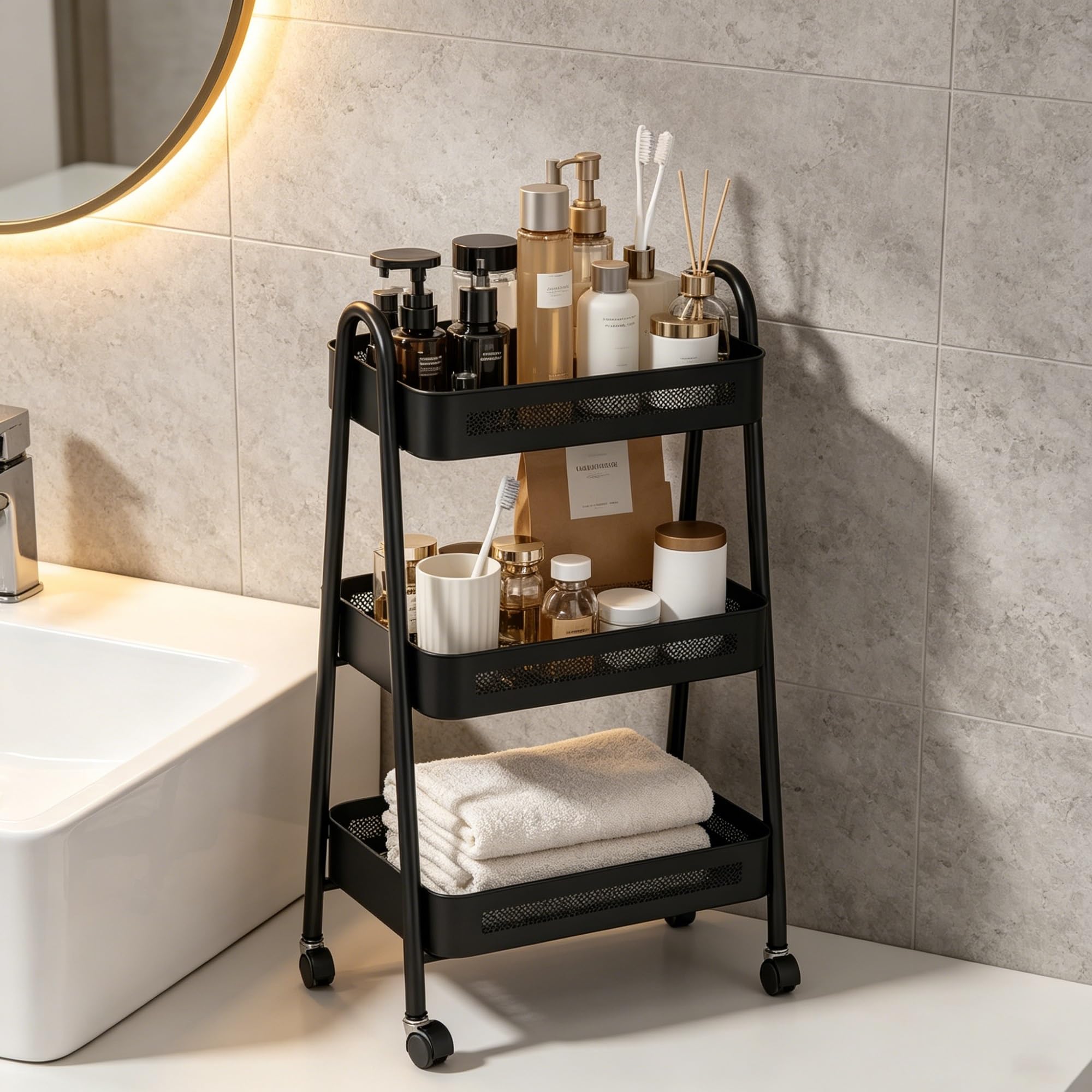 TYNGBT 3 Tier Black Metal Bathroom Counter Organizer Vanity Storage Rack for Skincare Makeup Toiletries