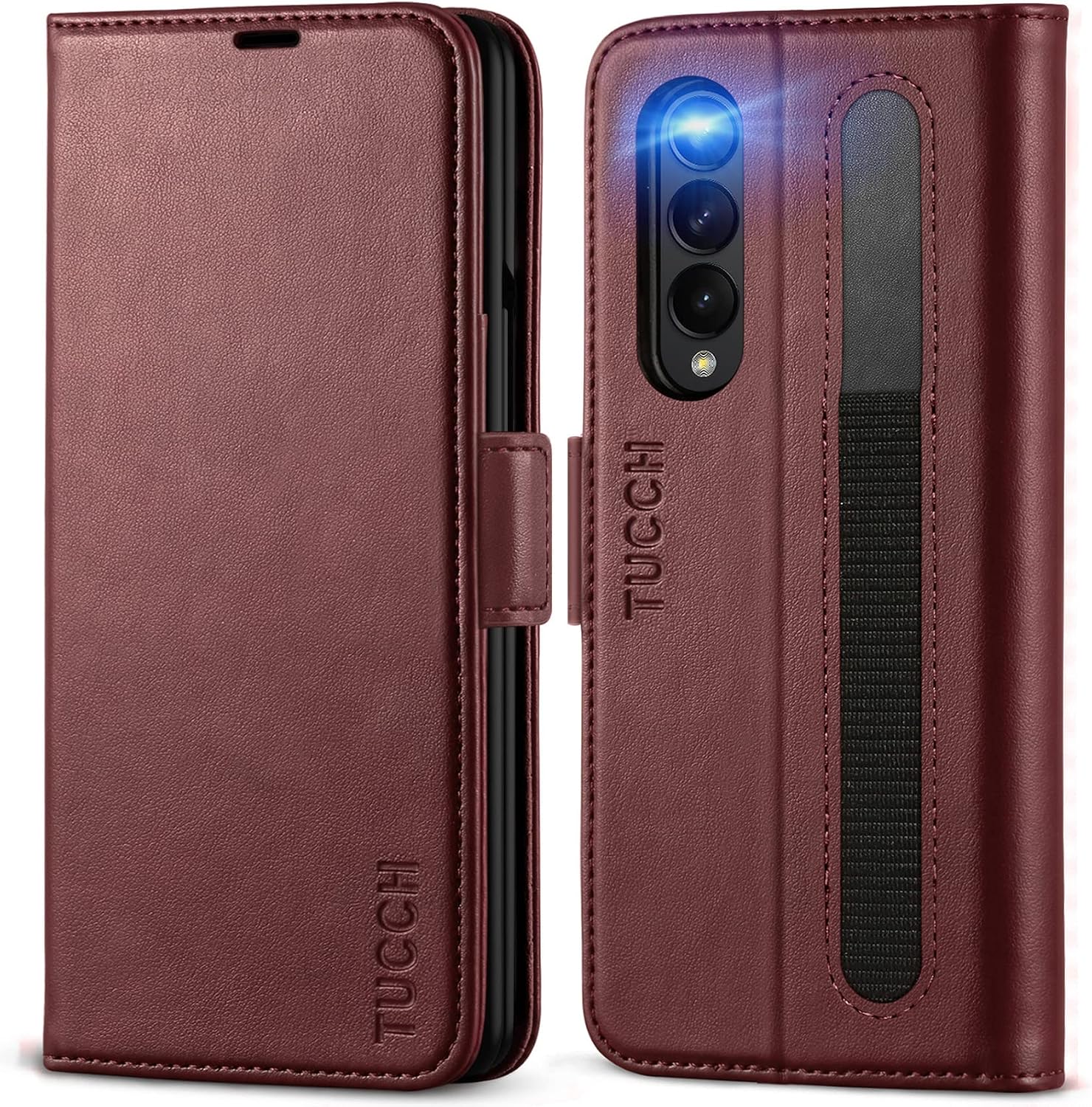 TUCCH Wallet Case for Galaxy Z Fold 3 (7.6") 5G, PU Leather Wallet Case with S Pen Holder [RFID Blocking] Stand Card Slot [Durable PC Shell], Book Flip Cover Compatible with Galaxy Z Fold3, Wine Red