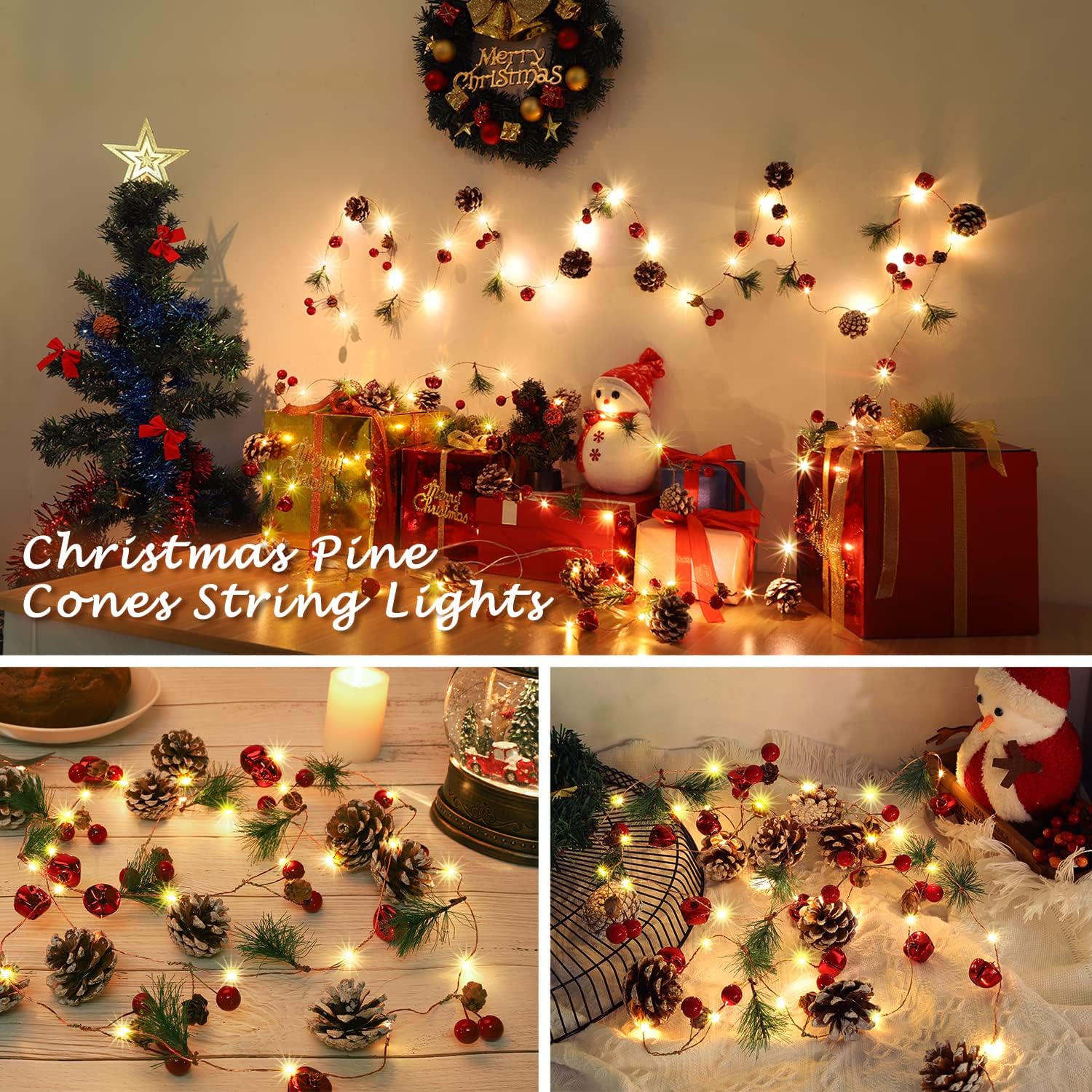 Christmas Garland with String Lights 10 Ft 30 LED Pine Cone Red Berry Bells Garland Lights, Indoor Christmas Decorations for Home and Fireplace Mantel Decor (Yellow) - Image 2