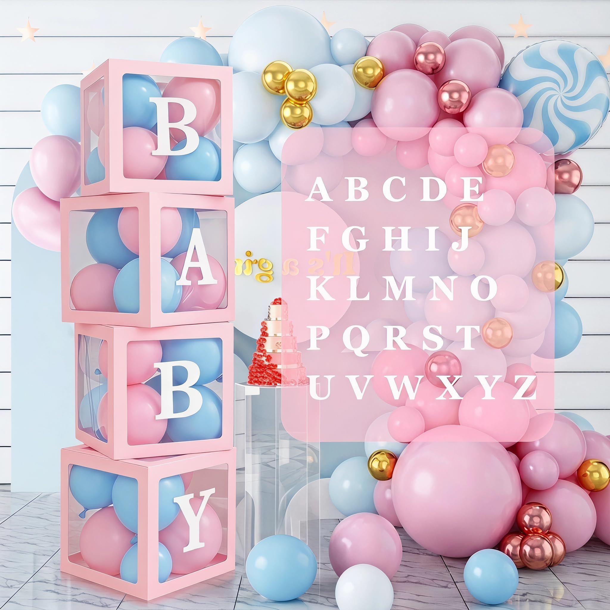 Balloon Boxes, 4PCS Baby Shower Decorations Boxes with 26 Letters A-Z, White Transparent Square Boxes with ‘BABY’ Letters for Boy Girl Baby Shower Birthday Theme Party Decoration (Pink)