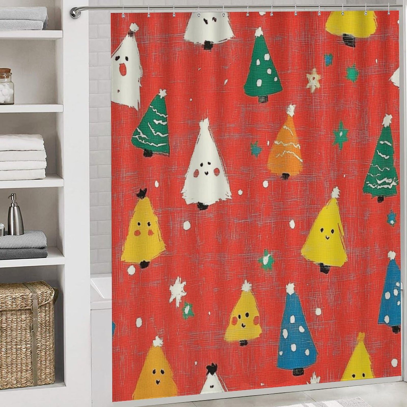 Feliz Navidad Baño de Cuatro Piezas Tappeto De Baño De Bambú, Antideslizante Y Lavable, Ideal para Ducha Y Baño Moderno 183×183cm