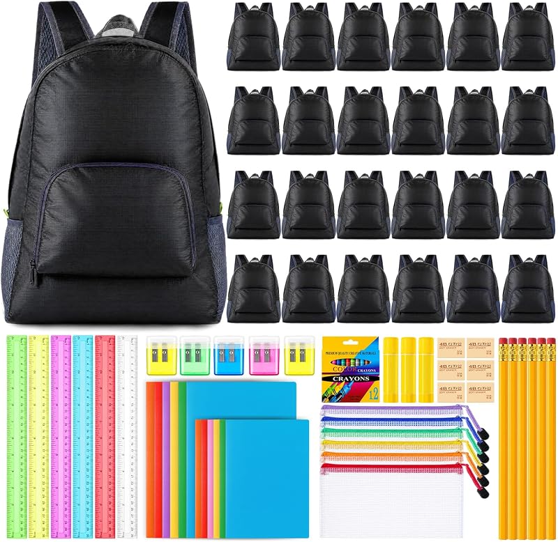 Affrolling 24 Set/288 Pcs Backpacks Bulk with School Supplies Donations Kit Essentials Wholesale Assorted Styles Backpack(Classic)