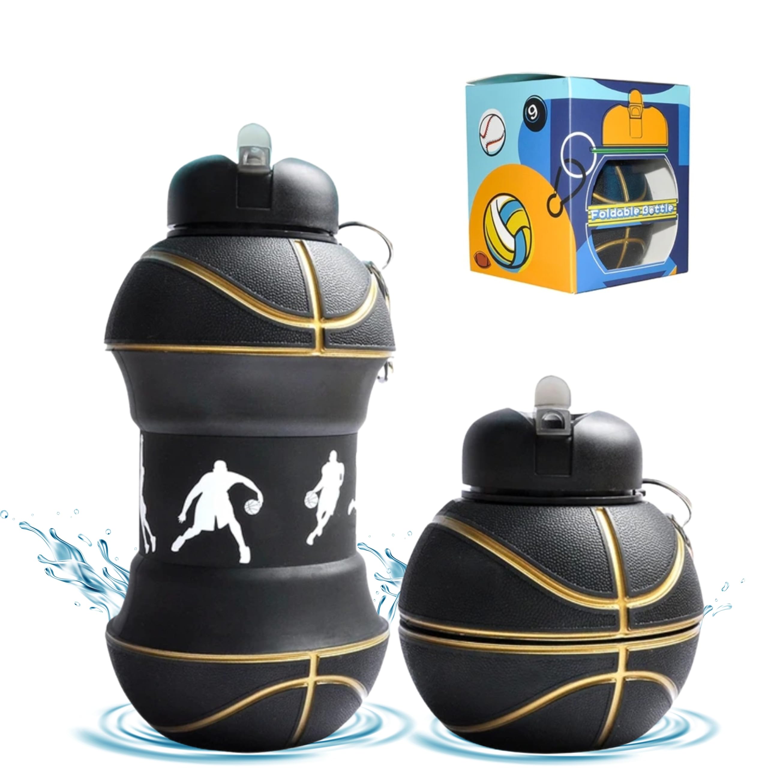 Borraccia, Gourde pour Enfants Pliable en Silicone Sans BPA, Idée Cadeau (1 Litre, Panier Noir)