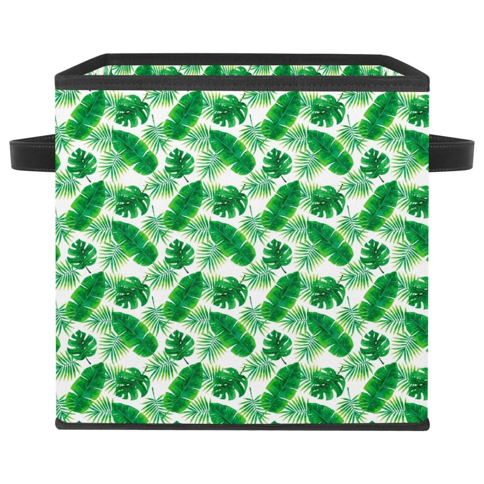Panier de rangement pliable avec poignées et motif végétal vert