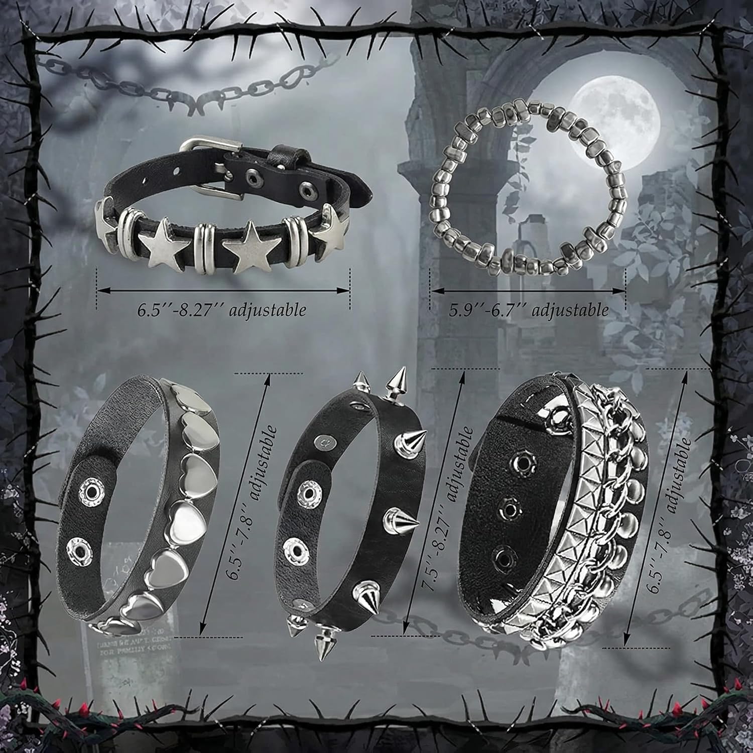 5 PCS Punk Studded Bracelets for Women Men, Rock Alternative Style Metal Rivet Wristbands, Hip Hop Edgy Jewelry Set, Aesthetic Grunge Alternative Bangle Accessories Pack Present Item