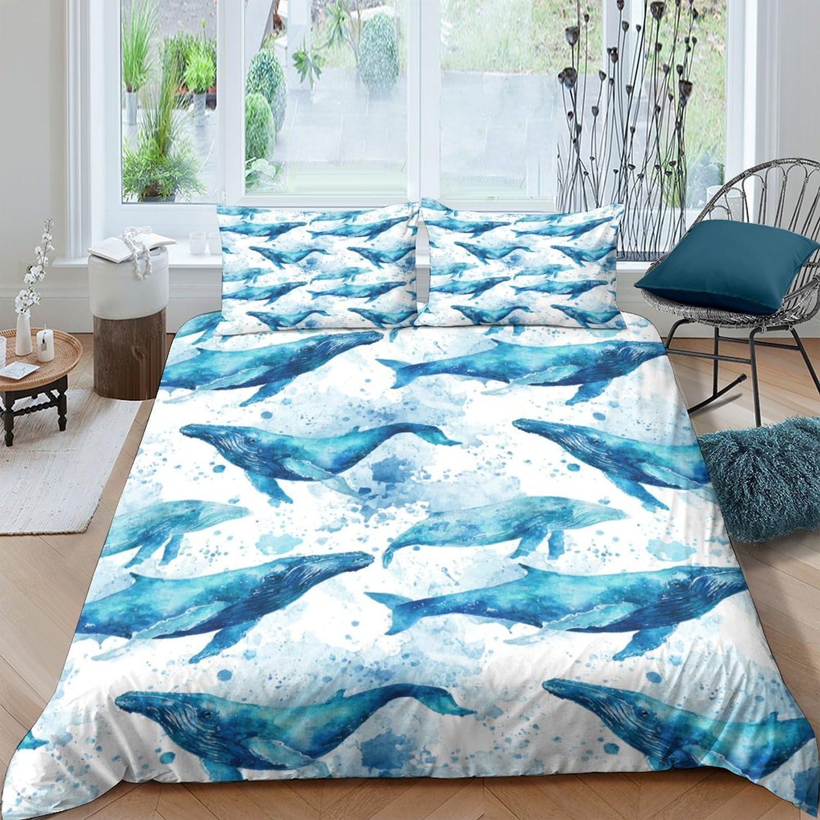GPLZQXKJNH 3D Printed Ocean Whale Duvet Cover Microfiber Soft Blue Watercolor Bedding Set with 2 Pillowcases, Breathable for Bedroom Home Single（135x200cm）