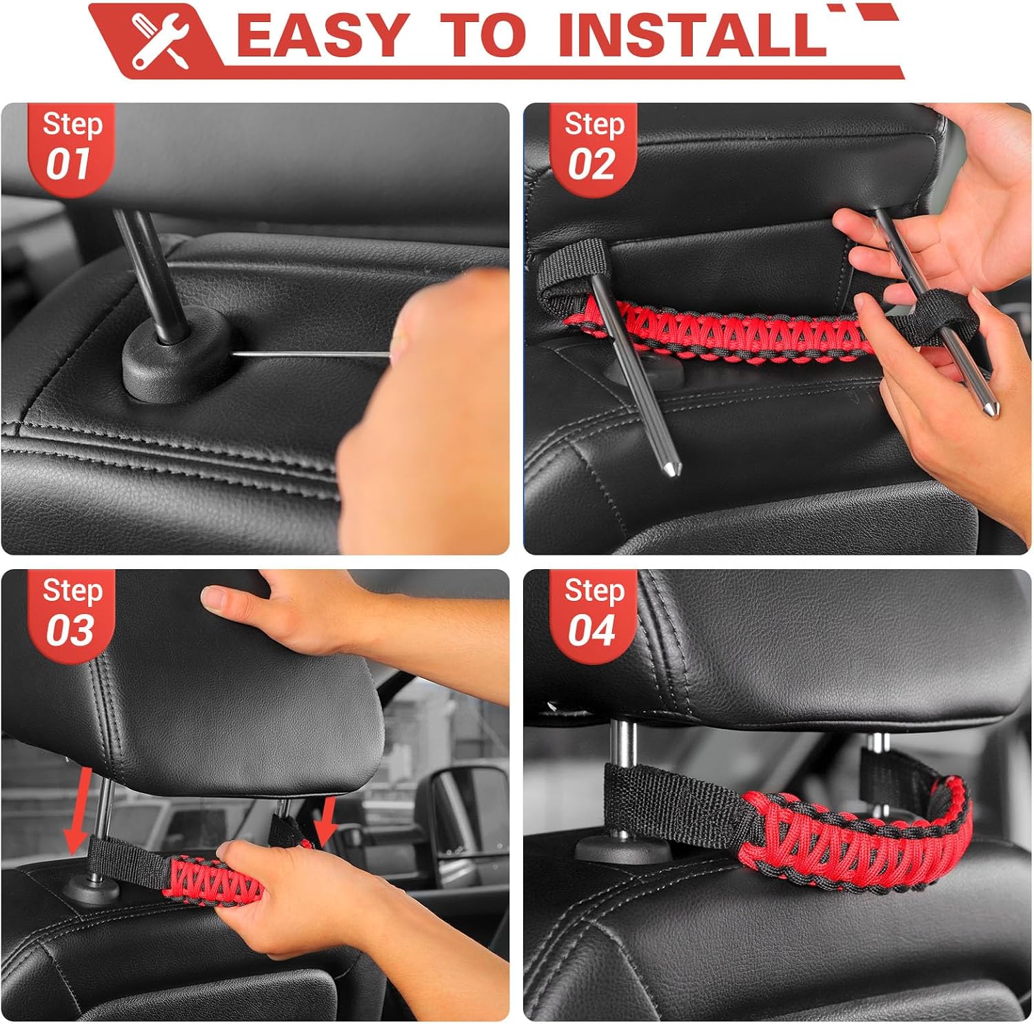 Universal Car Bartact Paracord Grab Handles Headrest Grab Handles Interior Accessories,2 Pack,Blak/Red