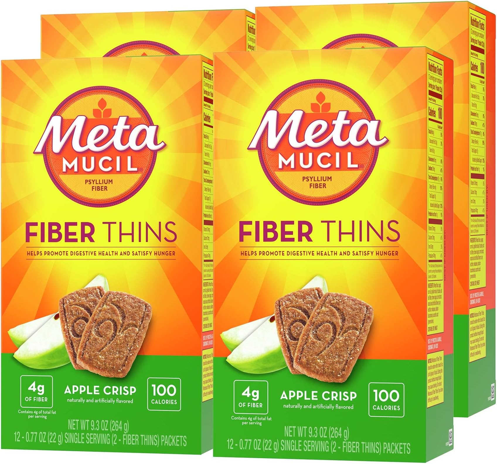 Fiber Thins, Daily Psyllium Husk Fiber Supplement, Supports Digestive Health and Satisfies Hunger, Apple Crisp Flavor, 48 Total Servings (4 Packs of 12)