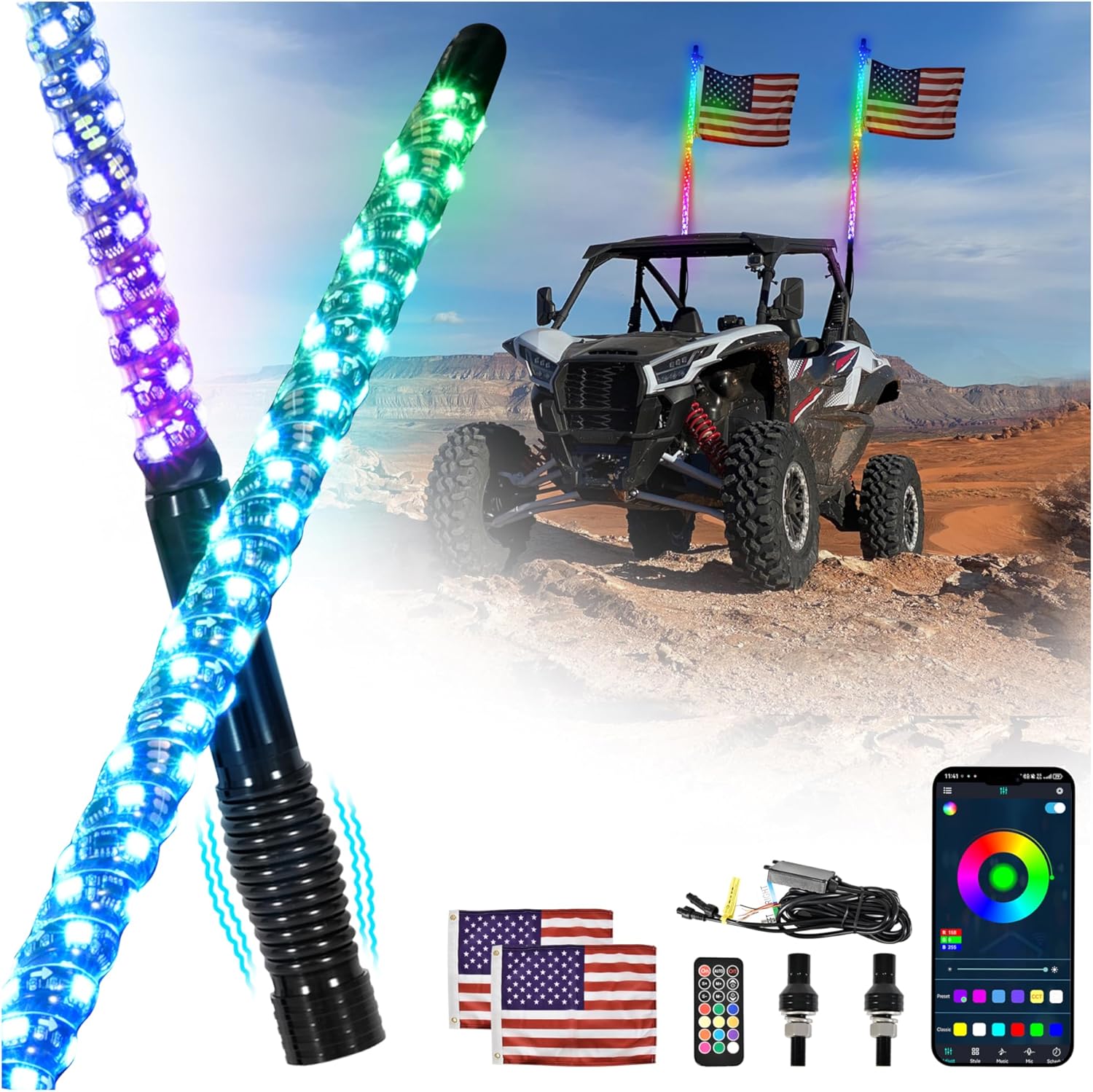 SAUTVS 2PCS 4FT LED Whip Lights with Spring Base, RGB Spiral Chasing Light for UTV ATV Boat Polaris RZR Can-Am X3 SXS Offroad Truck Accessories, Music Sync, IP67 Waterproof