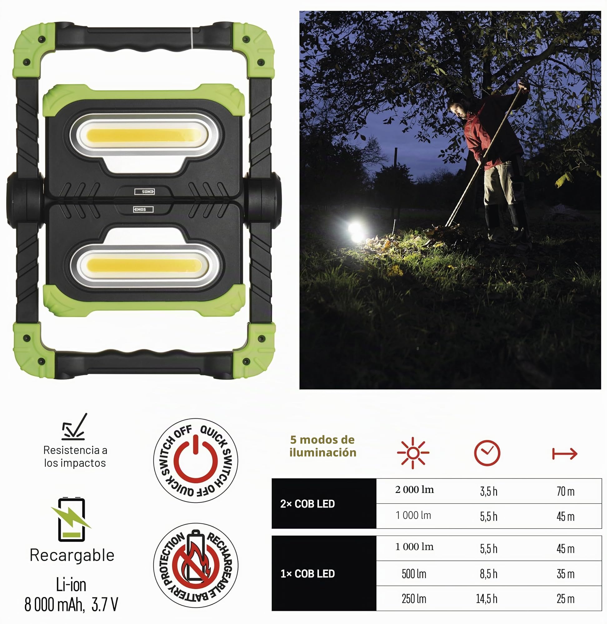EMOS Faro LED Plegable, luz de Trabajo giratoria 360° con Mango, portátil con batería y Intensidad lumínica 2000 LM, para construcción, Recargable a través del USB 8000 mAh, Alcance 70 m, Verde/Negro