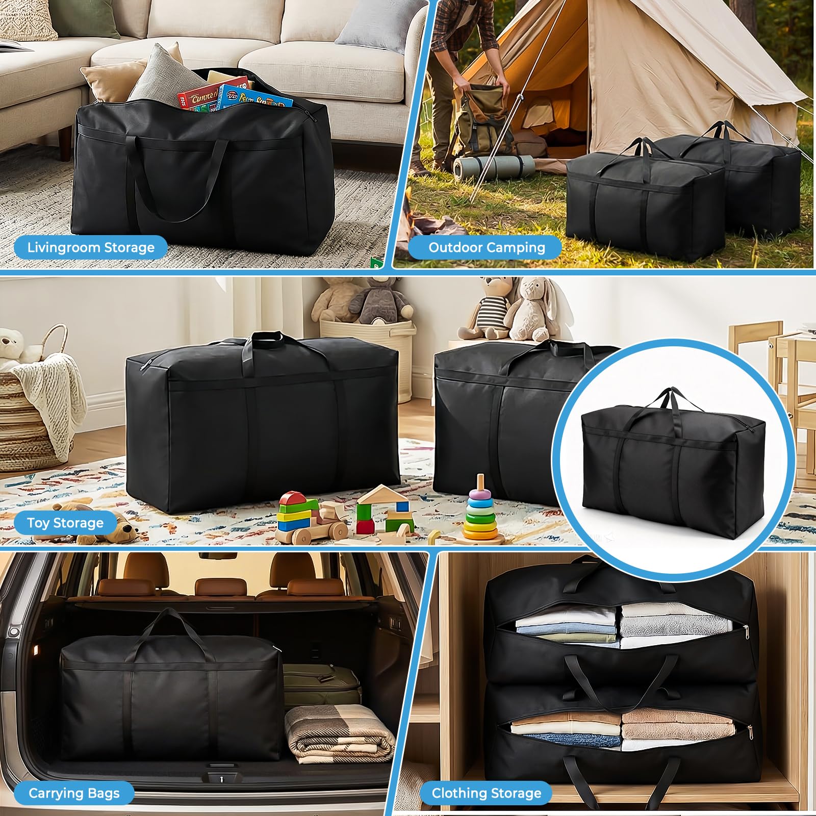 Lot de 4 Sacs de déménagement de 105 L, Grands sacs de rangement avec fermetures éclair, Oxford Noir imperméables sac de demenagement pour coussins, vêtements, linge de lit, rangement
