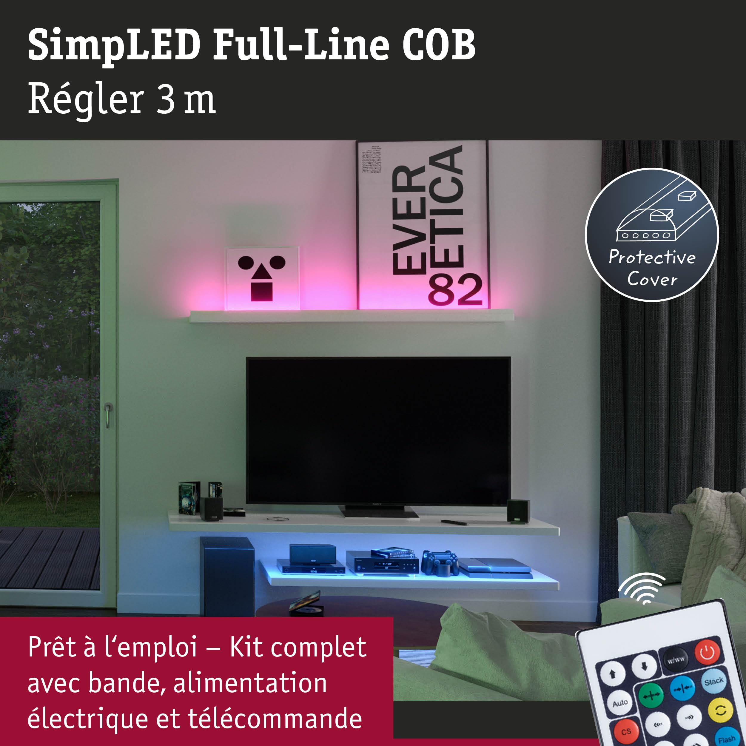 Paulmann 78864 SimpLED LED Strip Full-Line COB Kit complet 3m 22W 990lm 840LEDs/m RGB 24VA gradable blanc métal