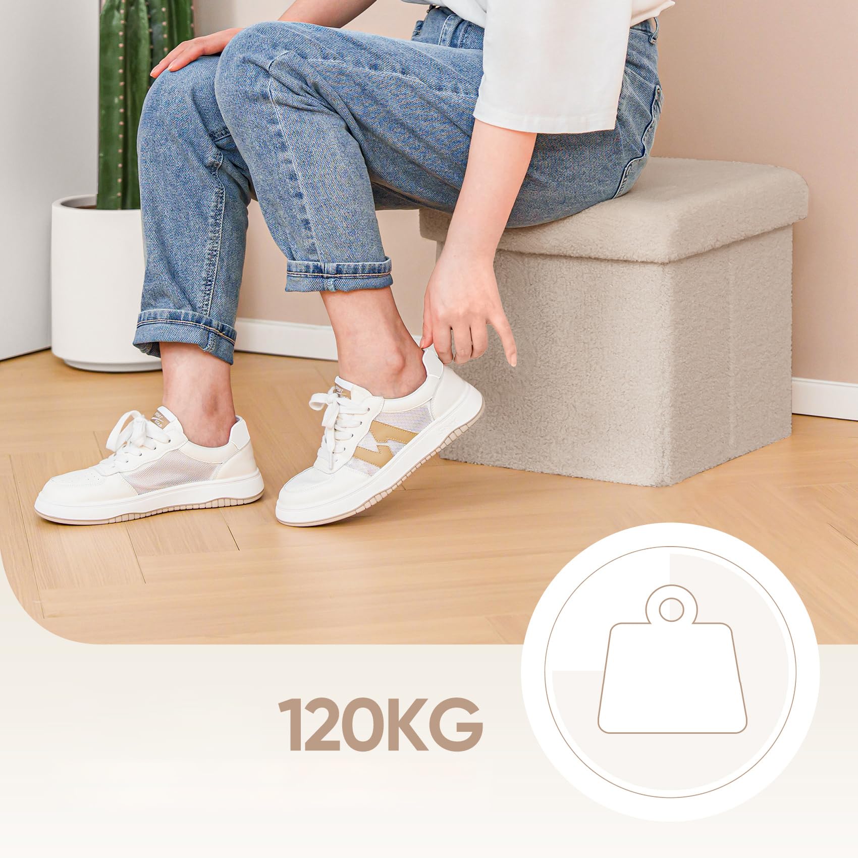 Bonlife Pouf Contenitore, Portaoggetti Piccolo Baule, Poggiapiedi Pieghevole Cubo, Cassapanca, per Ingresso, Soggiorno e Camera da Letto, Beige, 32x32x32 cm
