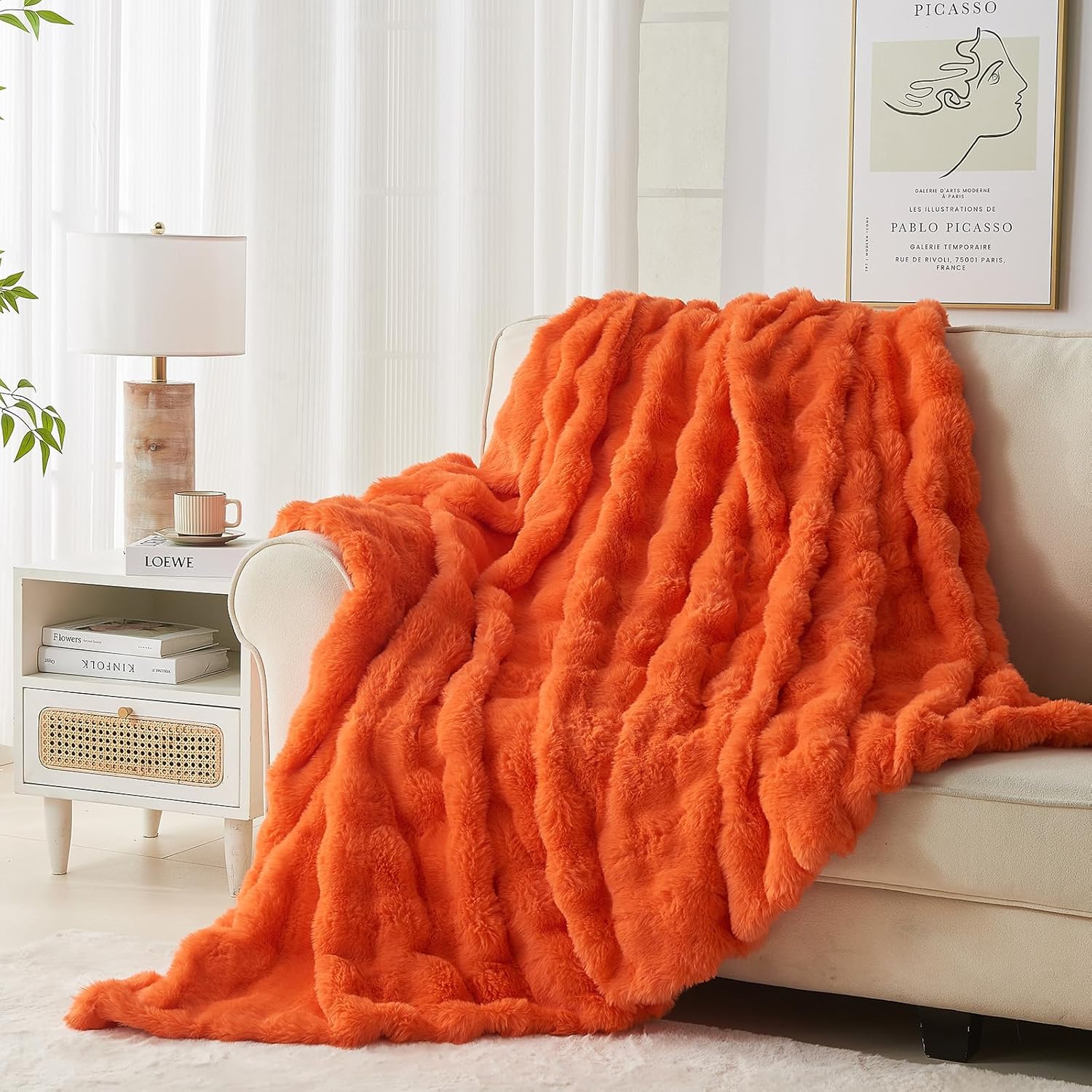 Fluffy Plush Faux Rabbit Fur Throw Blanket - Cozy, Fuzzy Bubble Blanket with Thick, Warm Decorative Fabric for Bed, Sofa (Queen Size 90''x90'', Black)