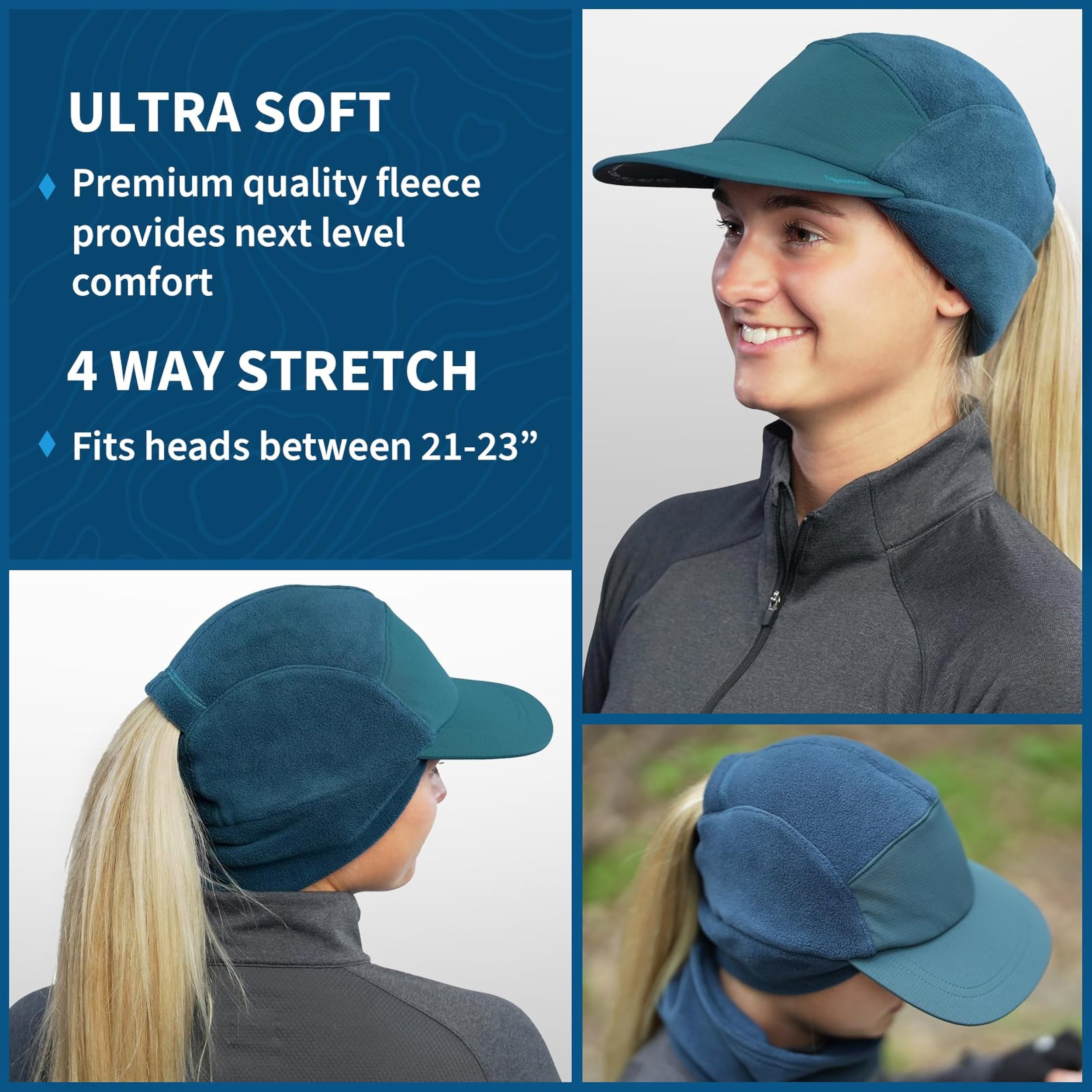 TrailHeads Gorro de cola de caballo, gorro de forro polar para mujer, gorro de invierno con visera, sombreros cálidos para mujer, sombrero de correr, golf de invierno