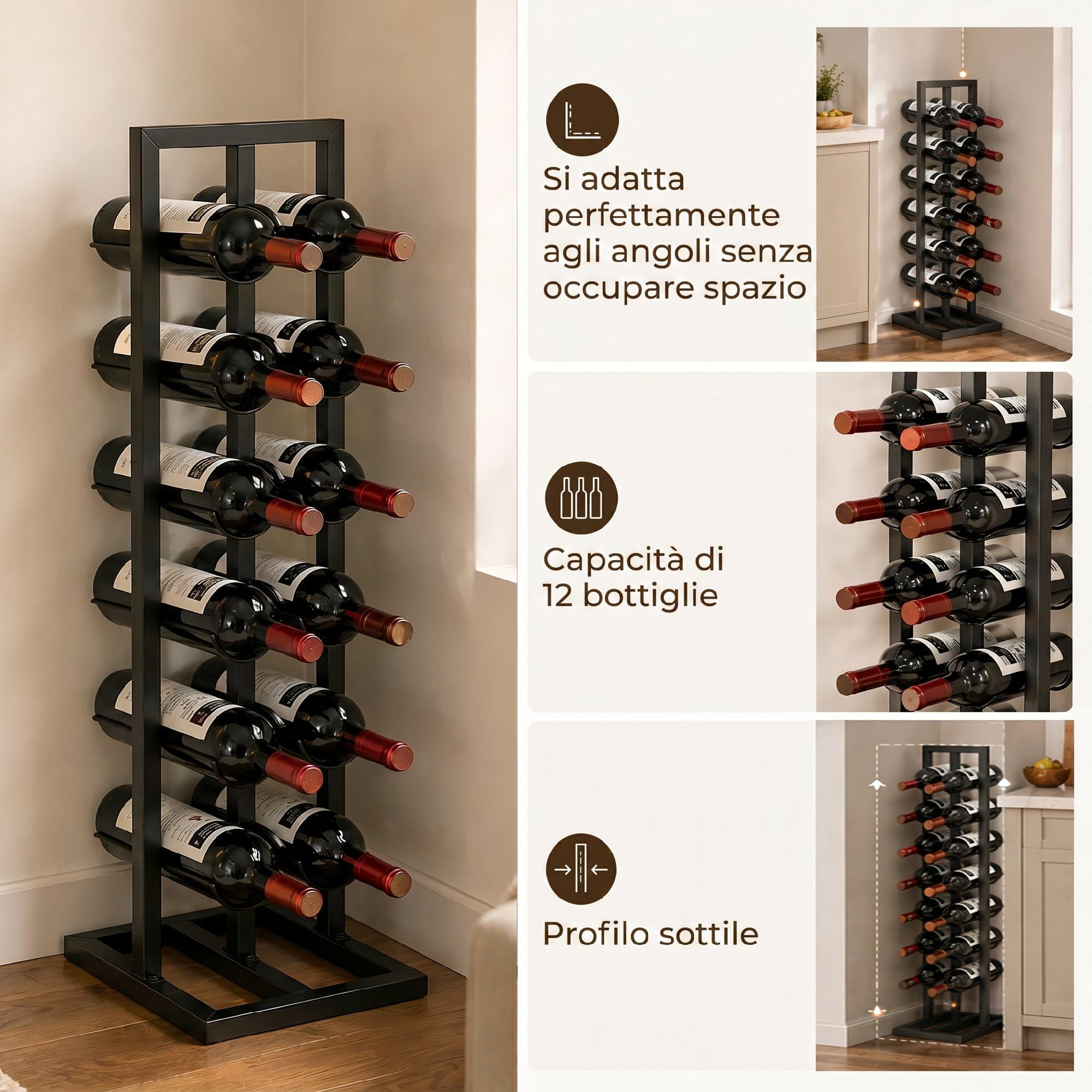 HOMCOM Portabottiglie da Terra per 12 Bottiglie con Cinghia Antiribaltamento, Porta Bottiglie di Vino Industriale in Acciaio, Salvaspazio per Cucina, Sala da Pranzo, Bar, Nero