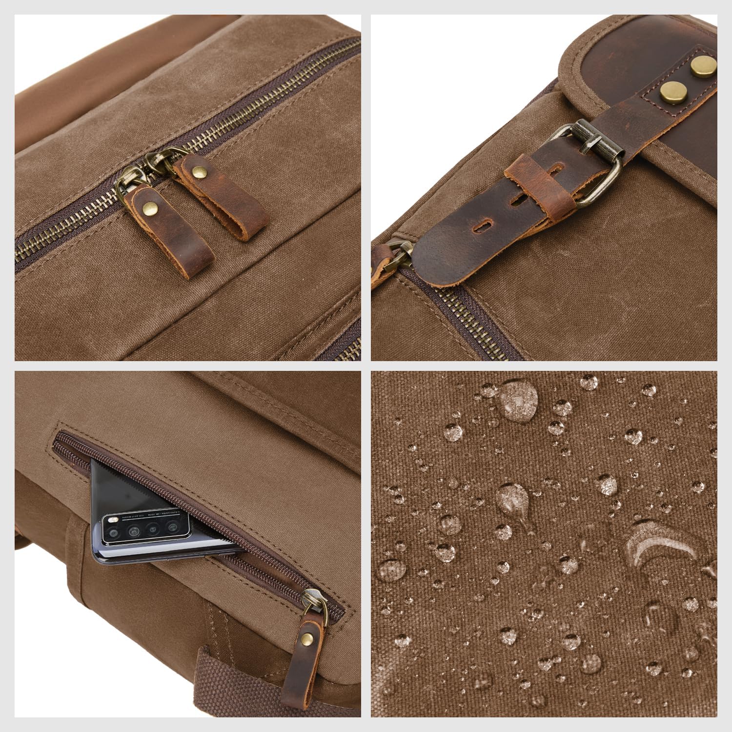 Waxed Canvas Vintage Backpack Casual Genuine Leather Laptop Travel Rucksack for Men Women - Image 5