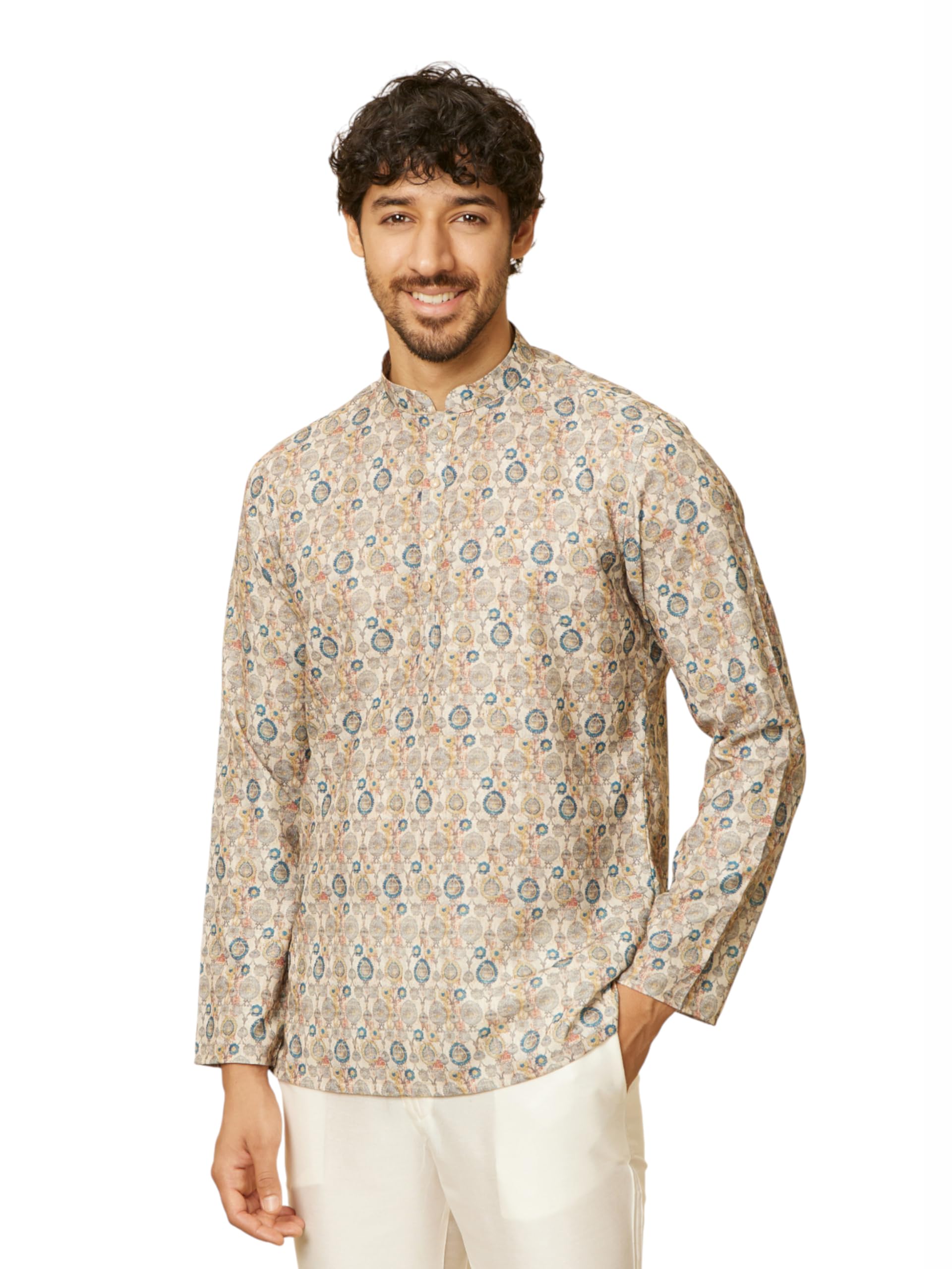 manyavar Men's Cotton Blend Digital Print Short Kurta (1pc)-picture-27
