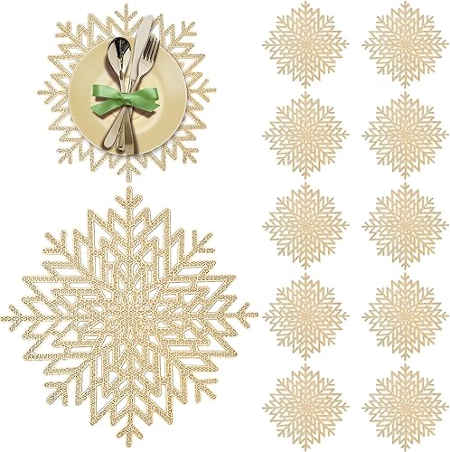 Juego de 12 manteles individuales de copo de nieve, manteles individuales dorados resistentes al calor para Navidad, Acción de Gracias, deshierbe y