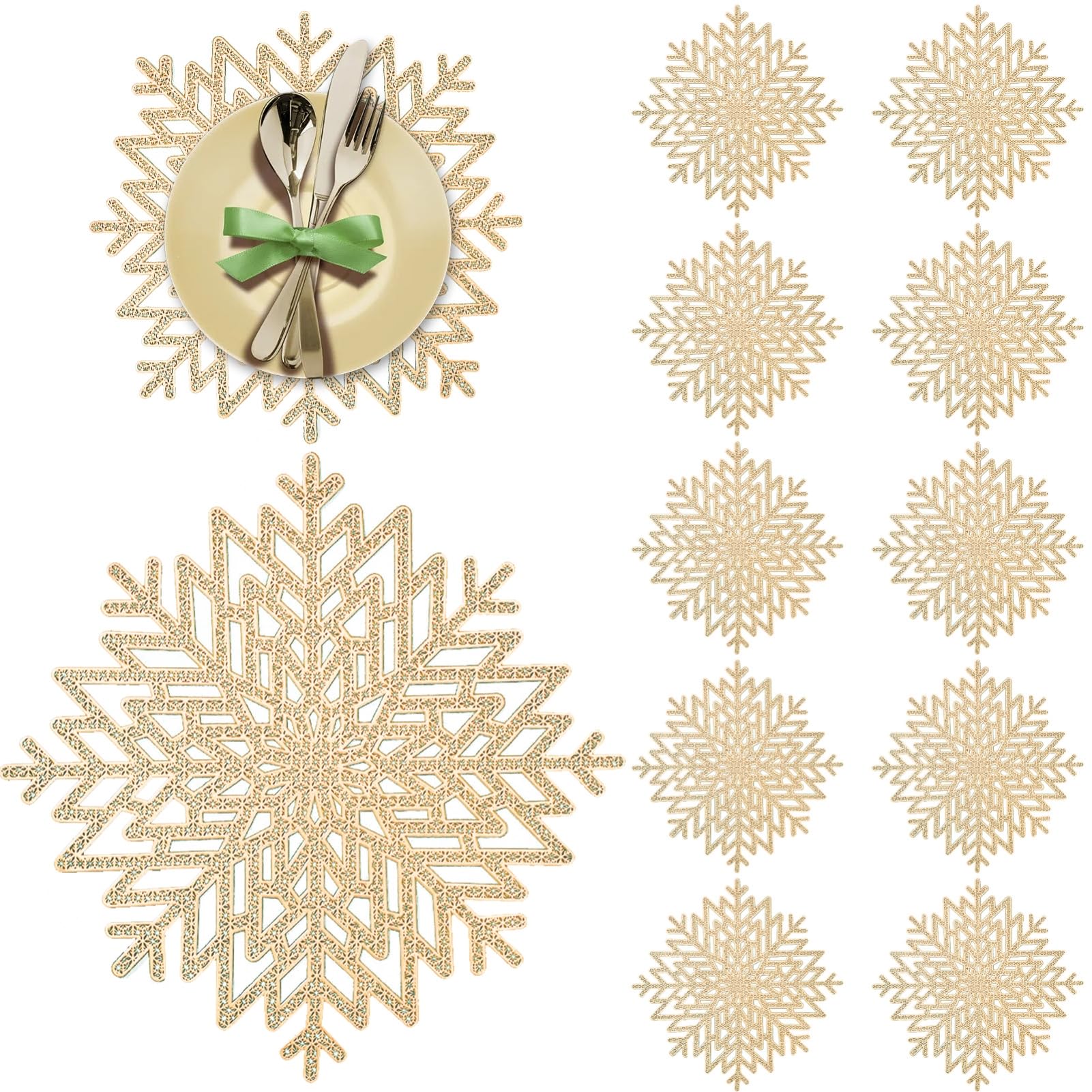 Snowflake Placemats Sets of 12 Gold Table Mats Hallow-Out Heat-Resistant for Christmas,Thanksgiving,Wedding and Party Table Decoration (16x16inch)